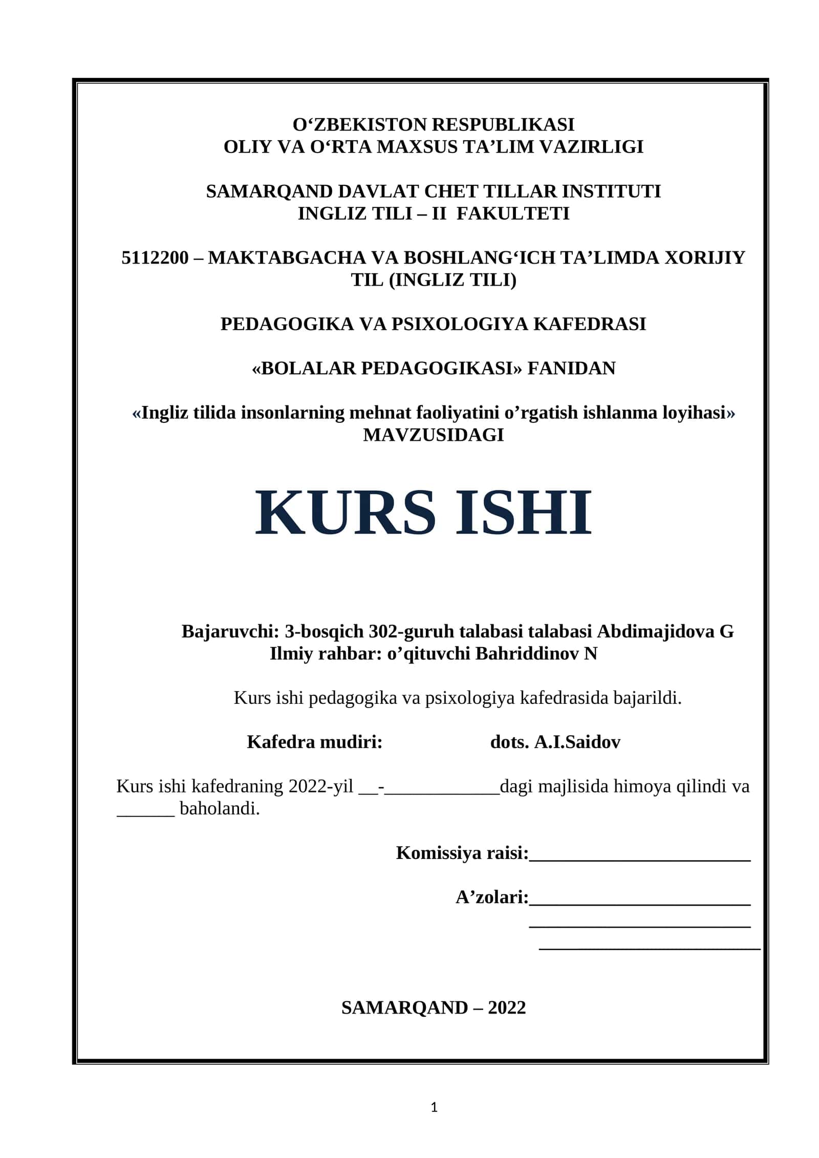 Ingliz tilida insonlarning mehnat faoliyatini o’rgatish ishlanma loyihasi