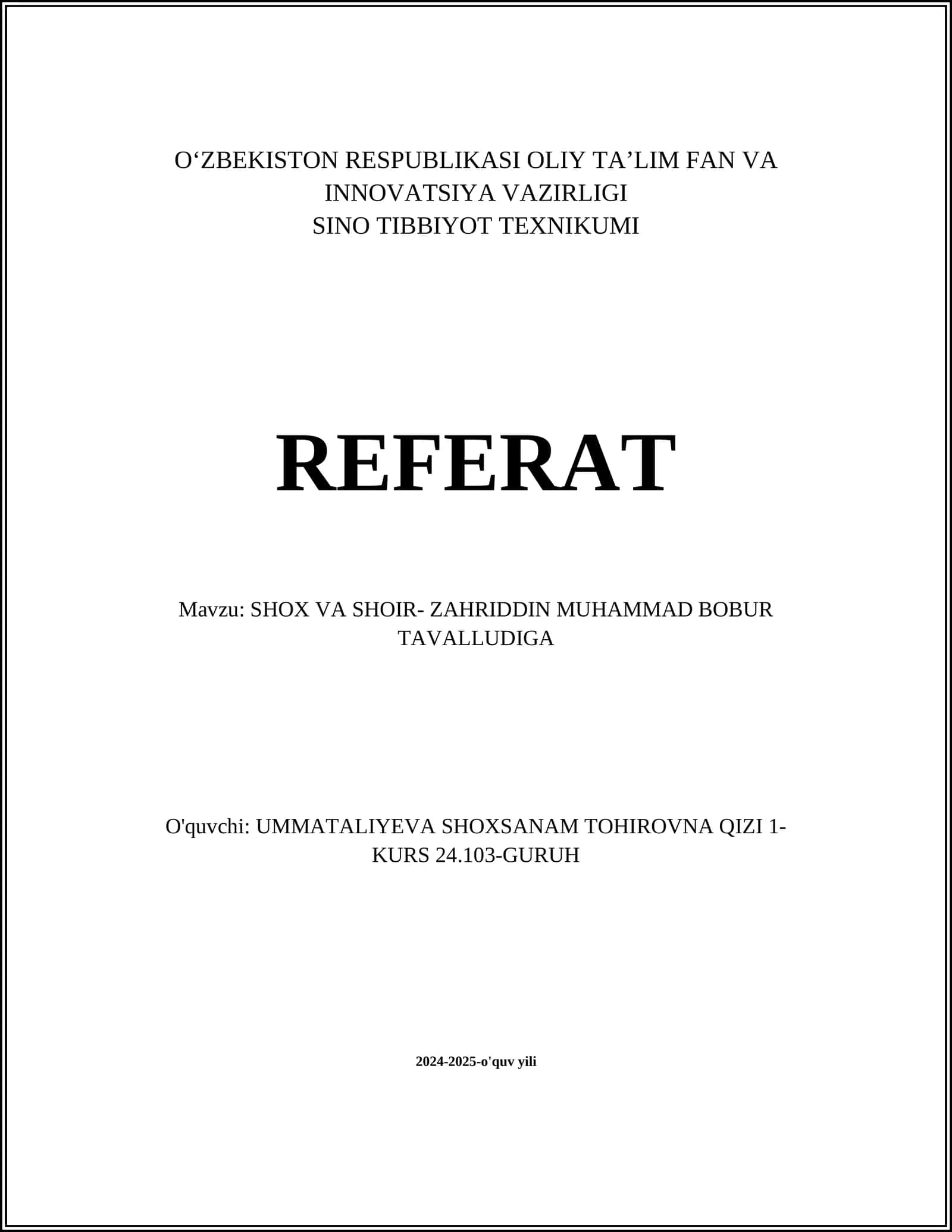 SINO TIBBIYOT TEXNIKUMI REFERAT