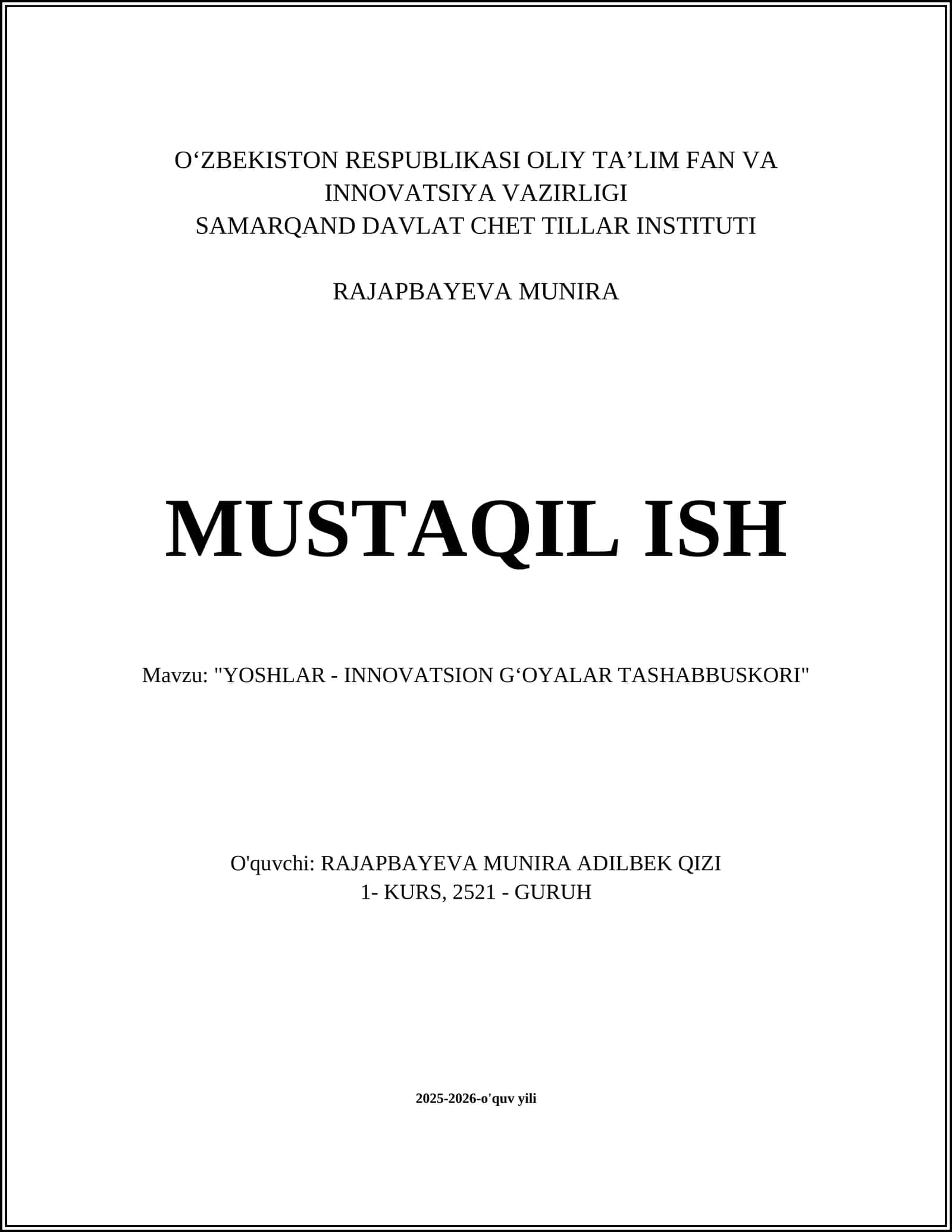 YOSHLAR - INNOVATSION GʻOYALAR TASHABBUSKORI