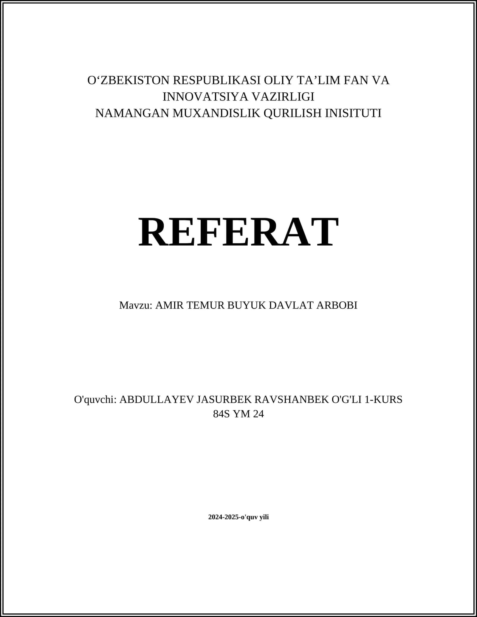 AMIR TEMUR BUYUK DAVLAT ARBOBI