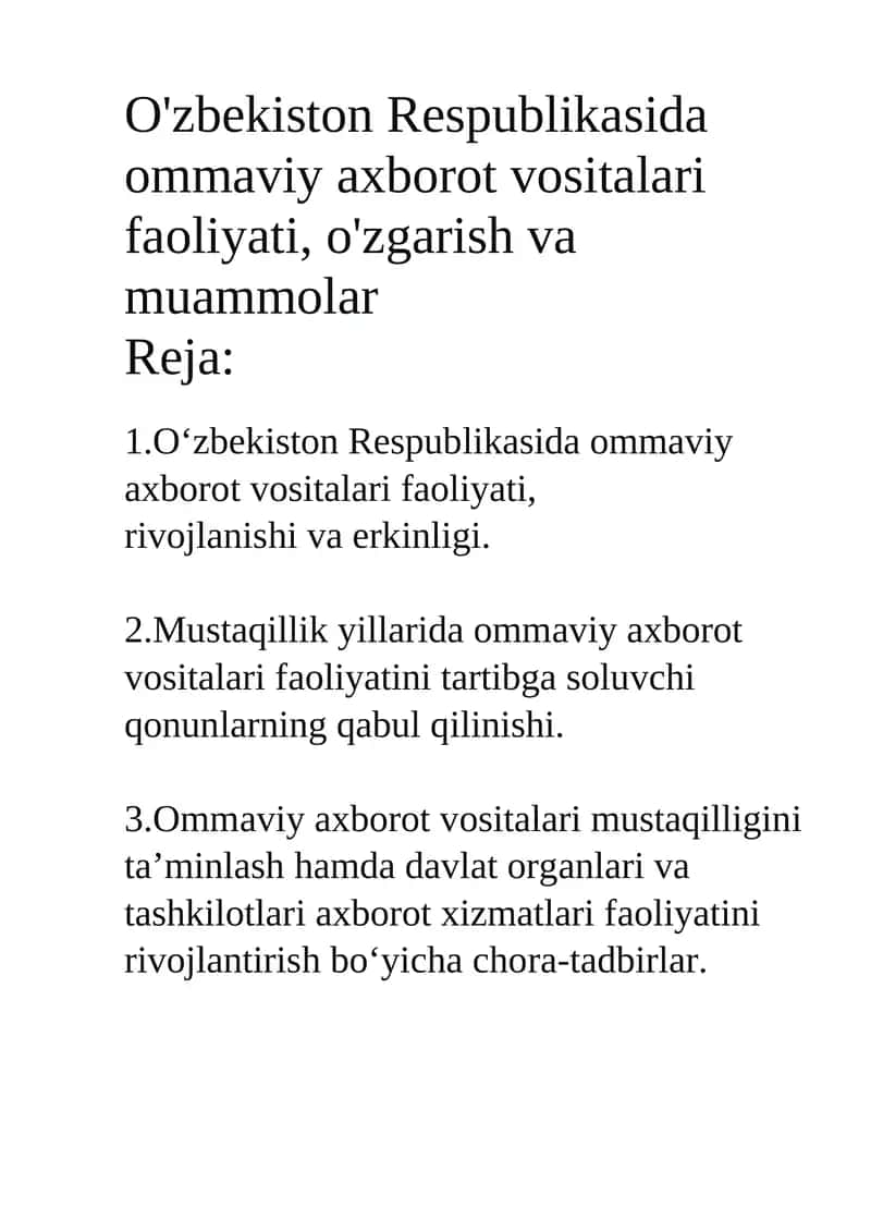 O'zbekiston Respublikasida ommaviyaxborot vositalari faoliyati