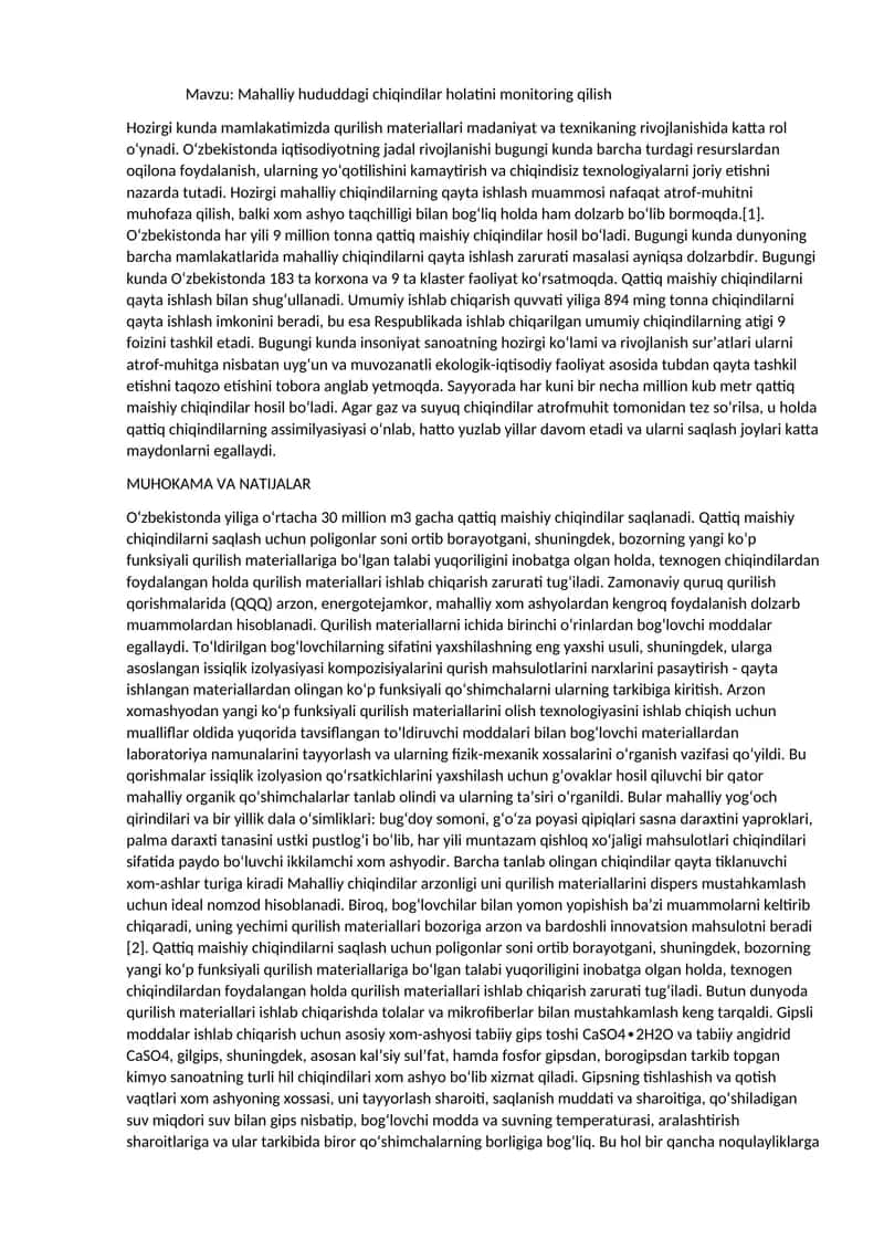 Mahalliy hududdagi chiqindilar holatini monitoring qilish