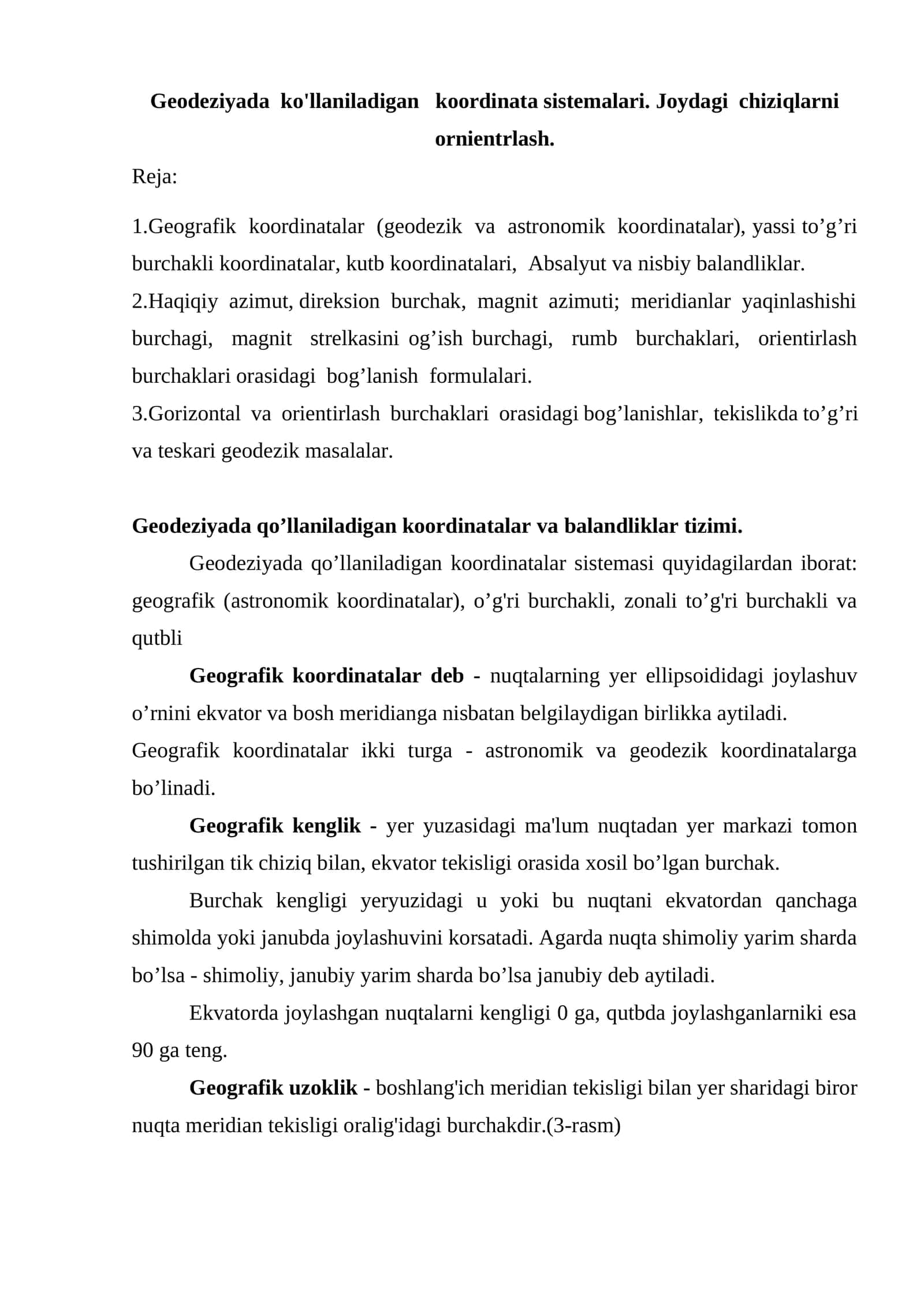 Geodeziyada ko'llaniladigan koordinata sistemalari