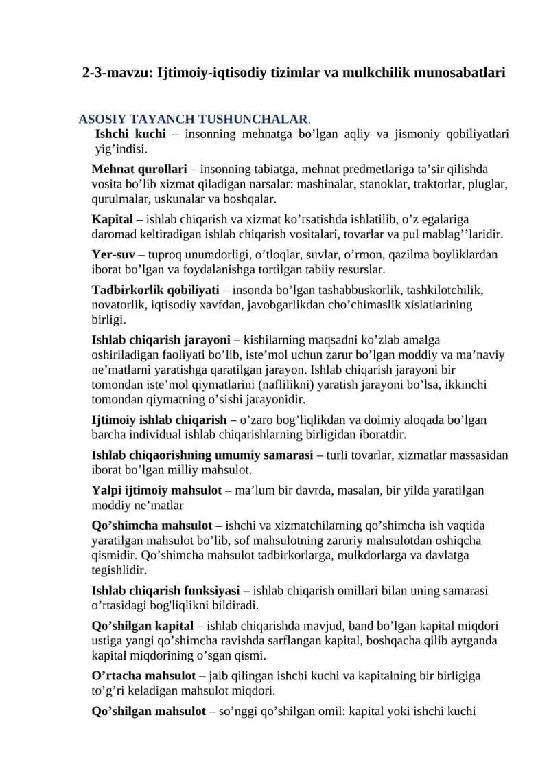 Ijtimoiy-iqtisodiy tizimlar va mulkchilik munosabatlari