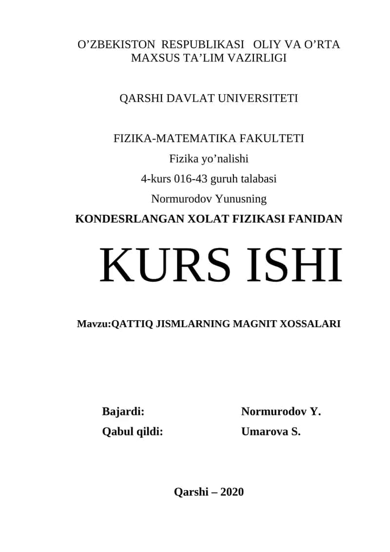 QATTIQ JISMLARNING MAGNIT XOSSALARI