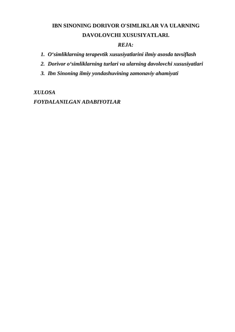 IBN SINONING DORIVOR O'SIMLIKLARI VA ULARNING DAVOLOVCHI XUSUSIYATLARI.