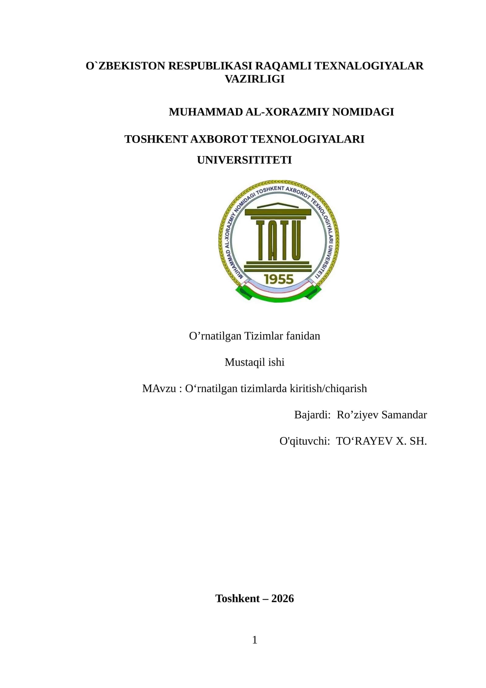 O'rnatilgan Tizimlarda Kiritish/Chiqarish