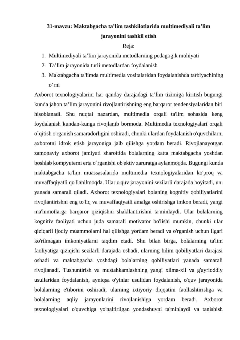 Maktabgacha ta’lim tashkilotlarida multimediyali ta’lim jarayonini tashkil etish