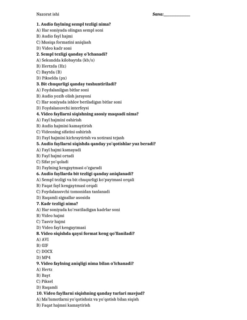 11-sinf informatika test yillik