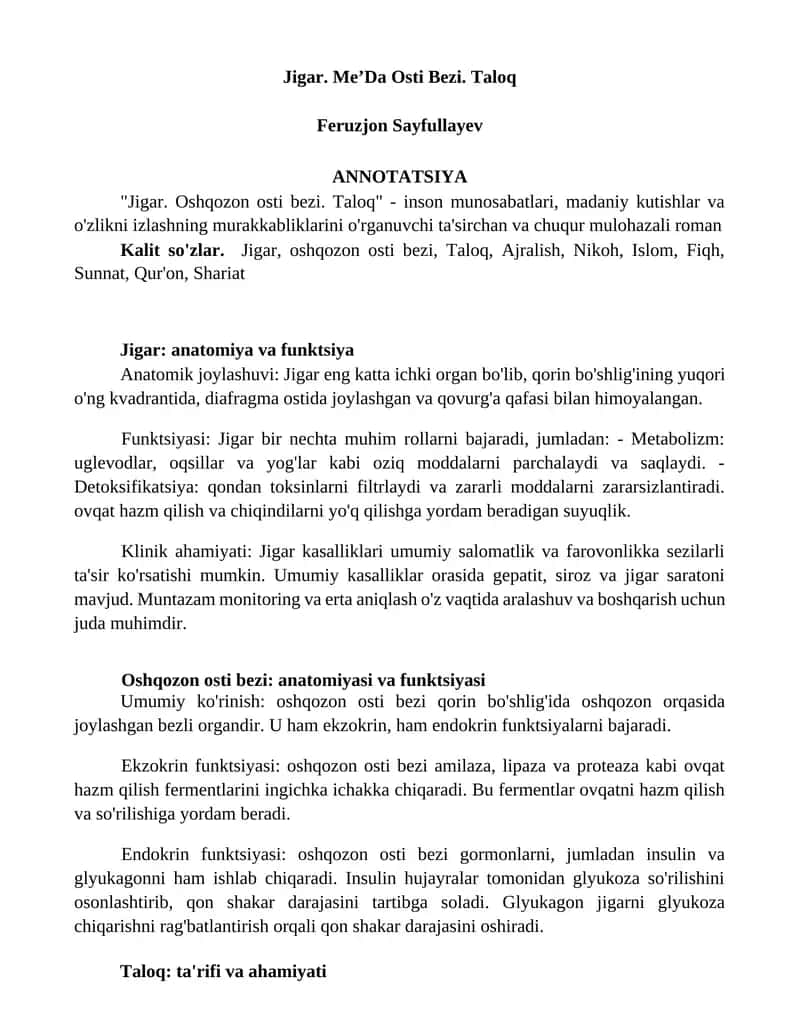 Jigar. Oshqozon osti bezi. Taloq