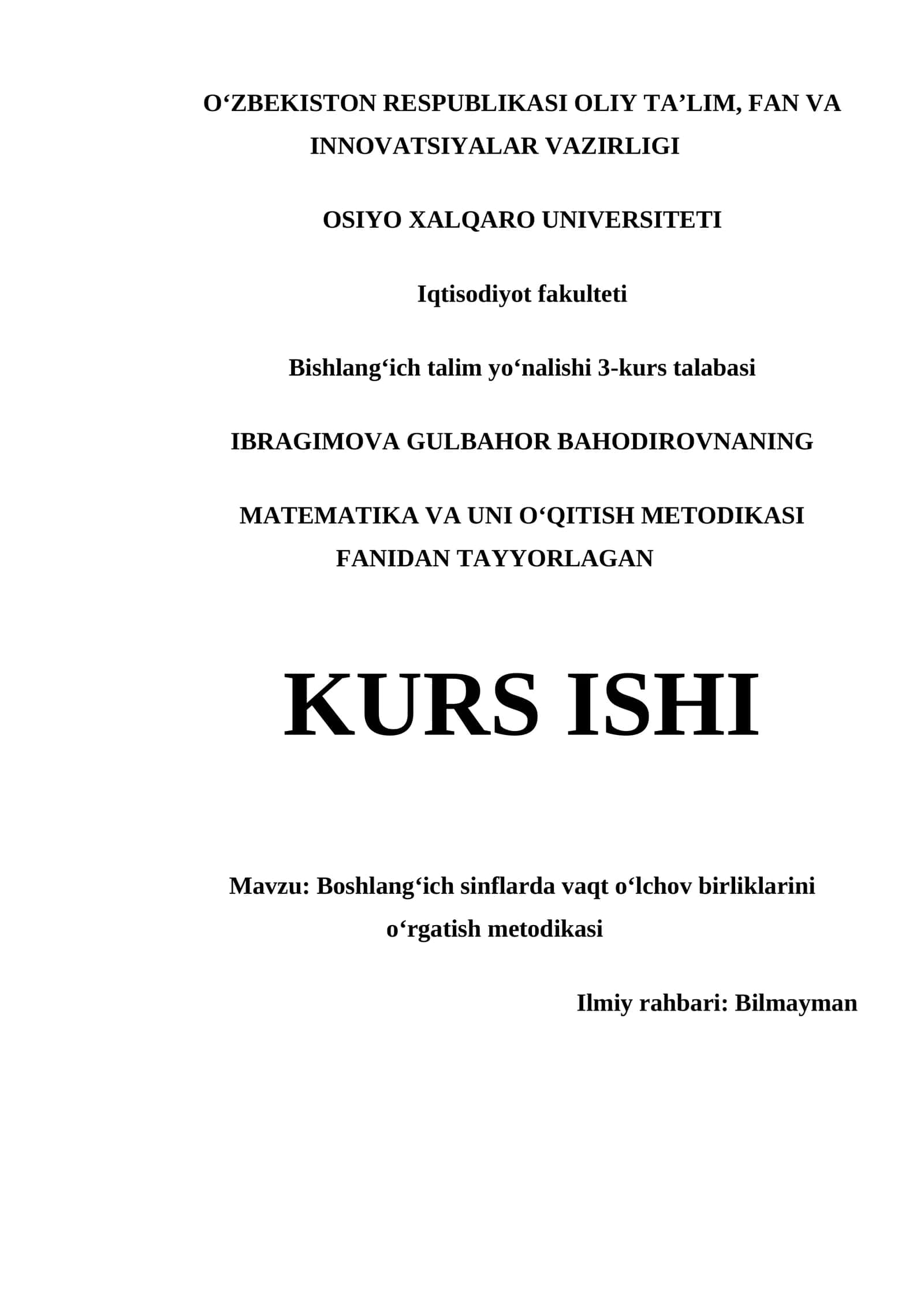 MATIMATIKA VA UNI OʻQITISH METODIKASI