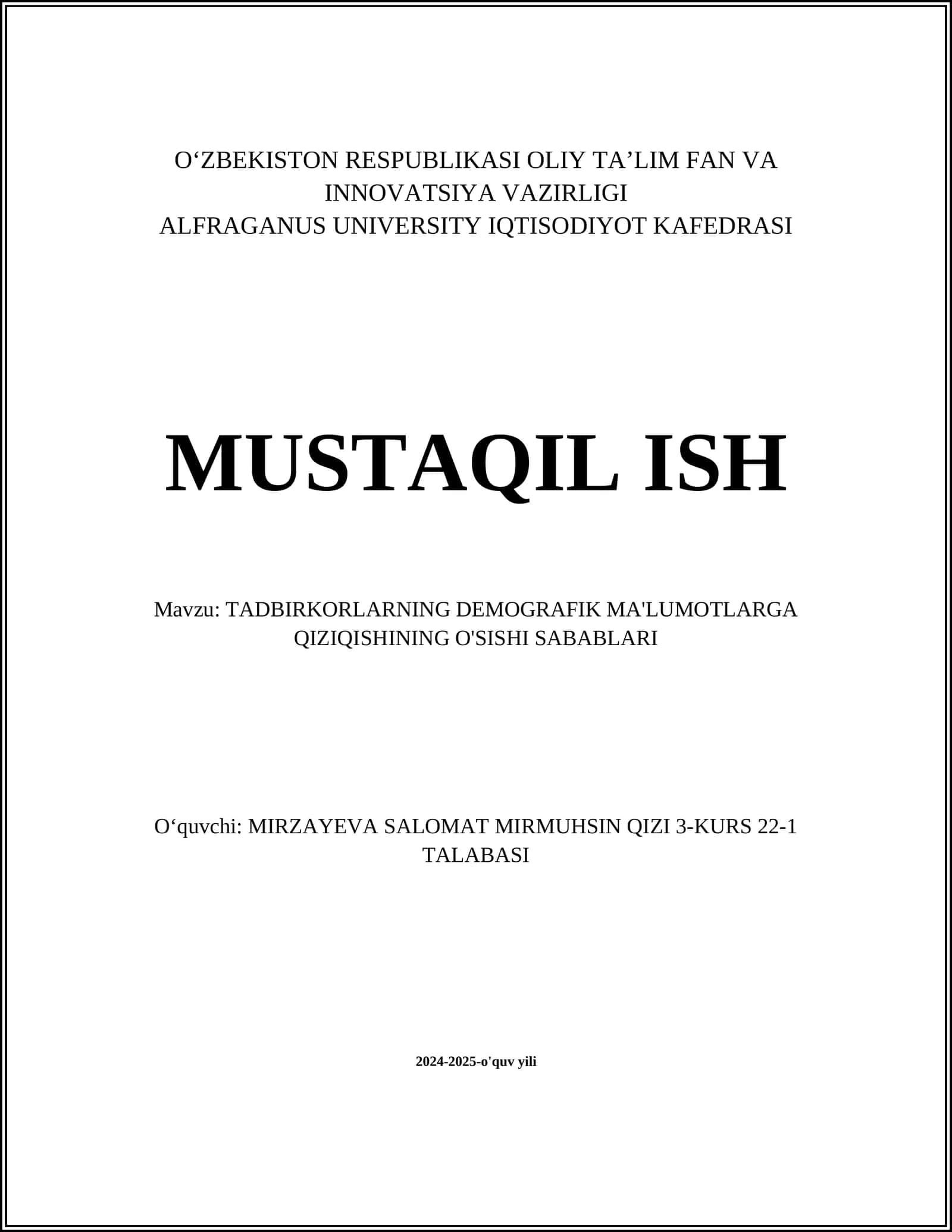 TADBIRKORLARNING DEMOGRAFIK MA'LUMOTLARGA QIZIQISHINING O'SISHI SABABLARI