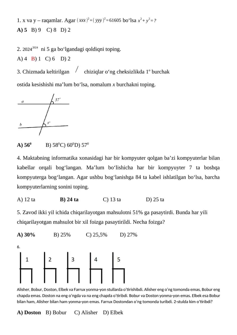 Chizmada keltirilgan ----media/image1.wmf---- chiziqlar oʻng cheksizlikda 1o burchak ostida kesishishi ma’lum boʻlsa, nomalum x burchakni toping