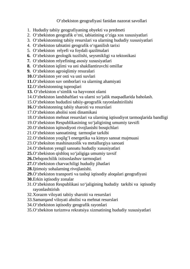 Oʻzbekiston geografiyasi fanidan nazorat savollari