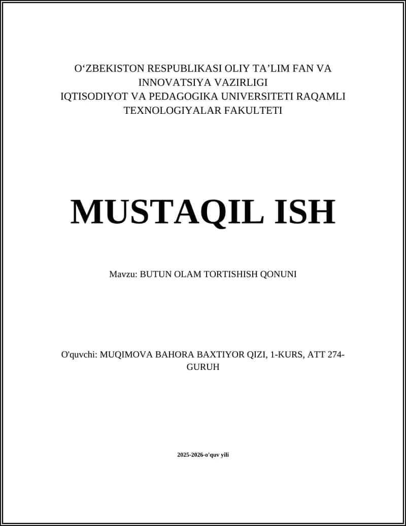 BUTUN OLAM TORTISHISH QONUNI