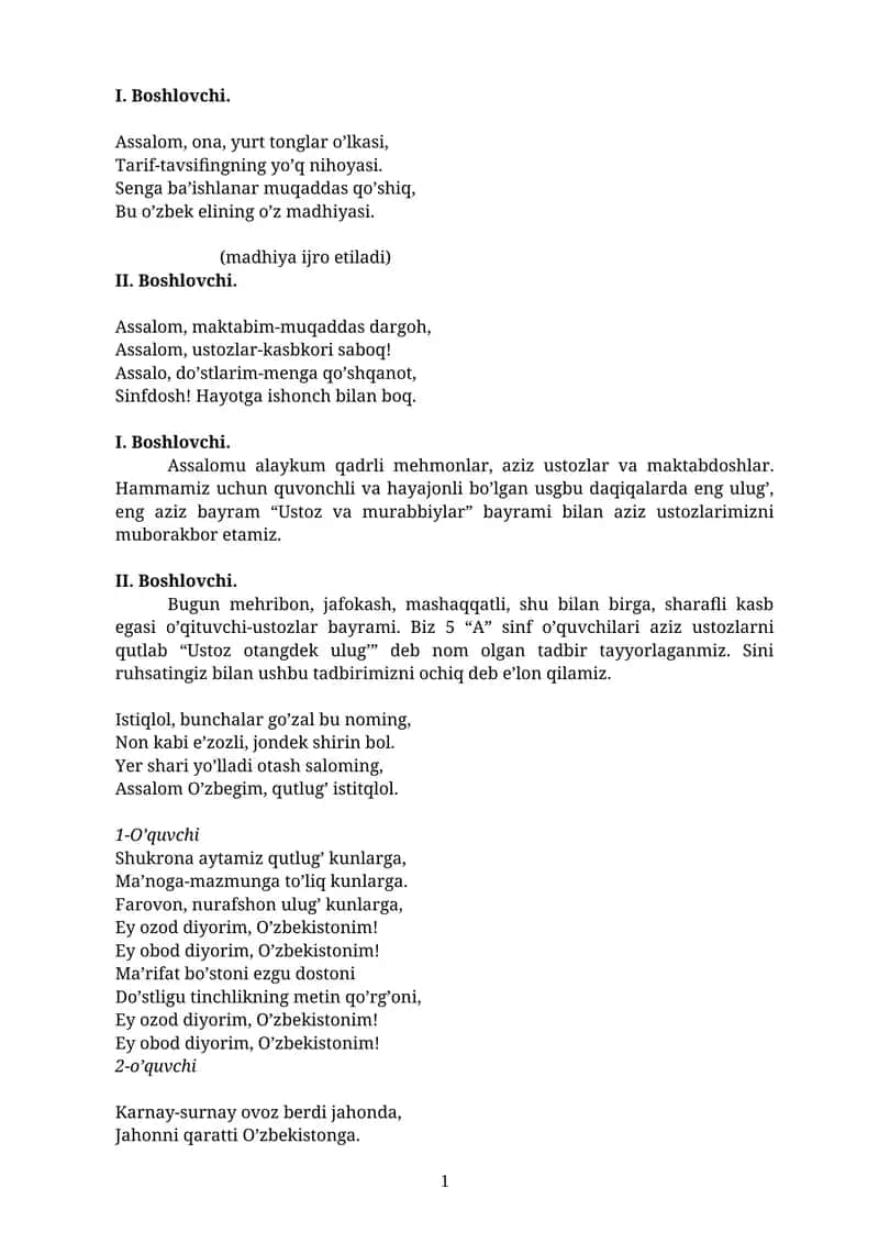 Ustoz va murabbiylar kuni senariysi