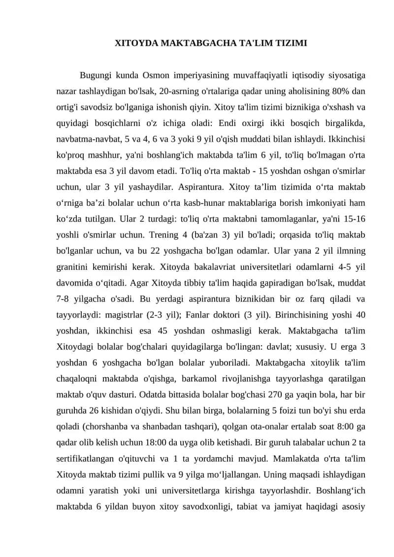 XITOYDA MAKTABGACHA TA'LIM TIZIMI