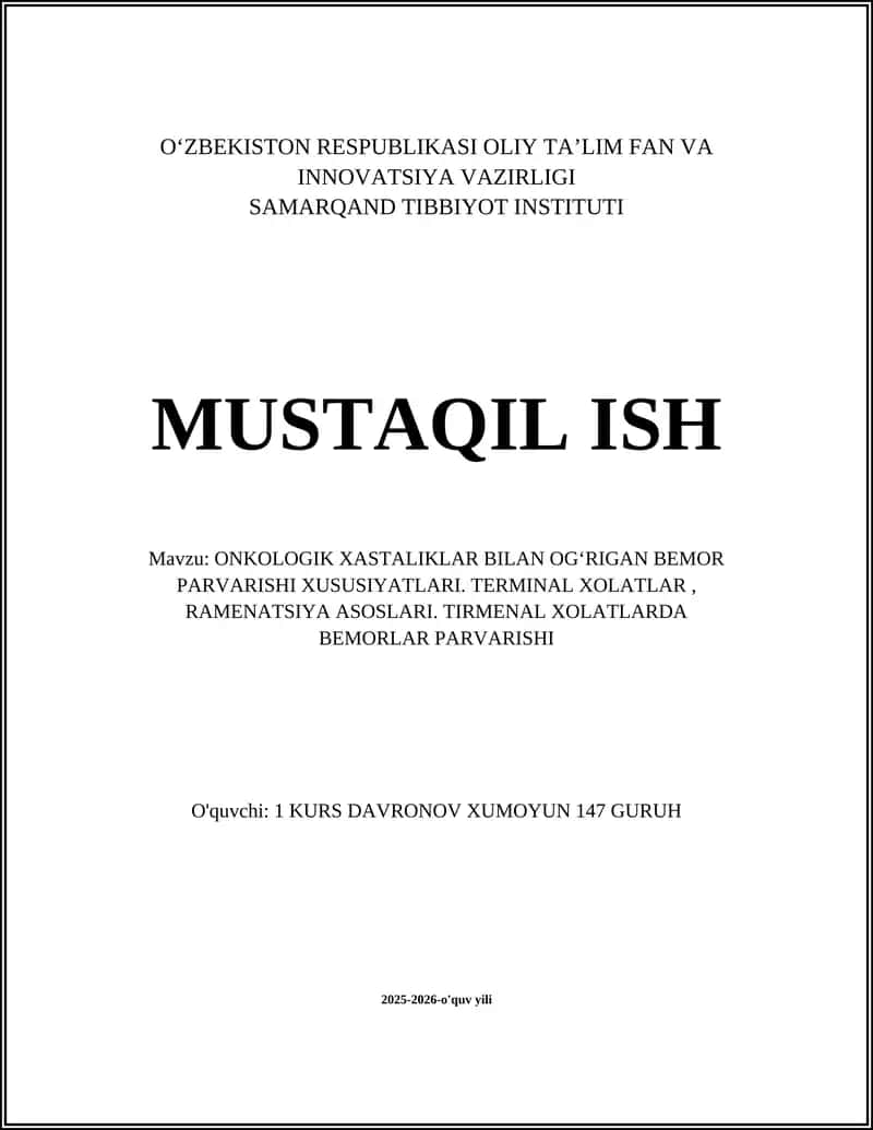 ONKOLOGIK XASTALIKLAR BILAN OGʻRIGAN BEMOR PARVARISHI XUSUSIYATLARI