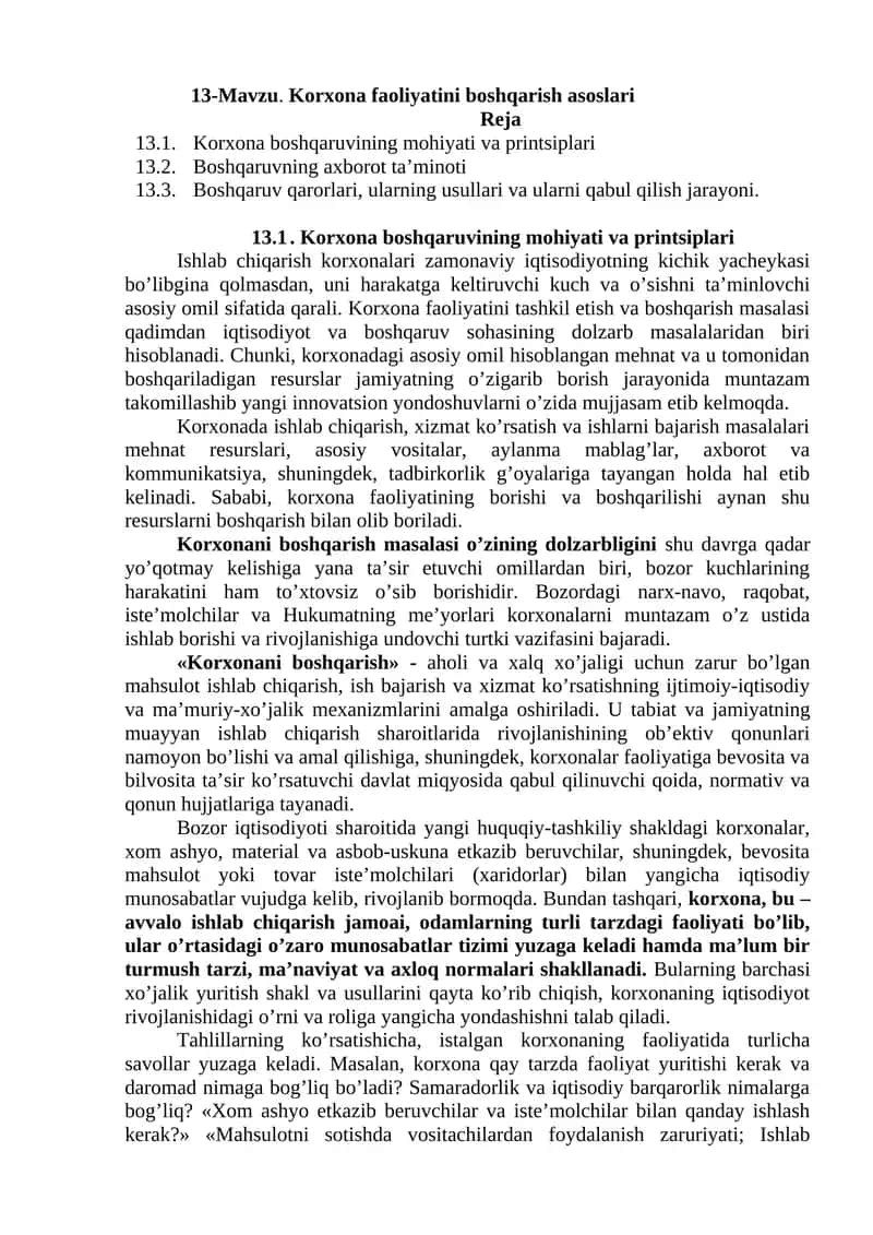Korxona faoliyatini boshqarish asoslari