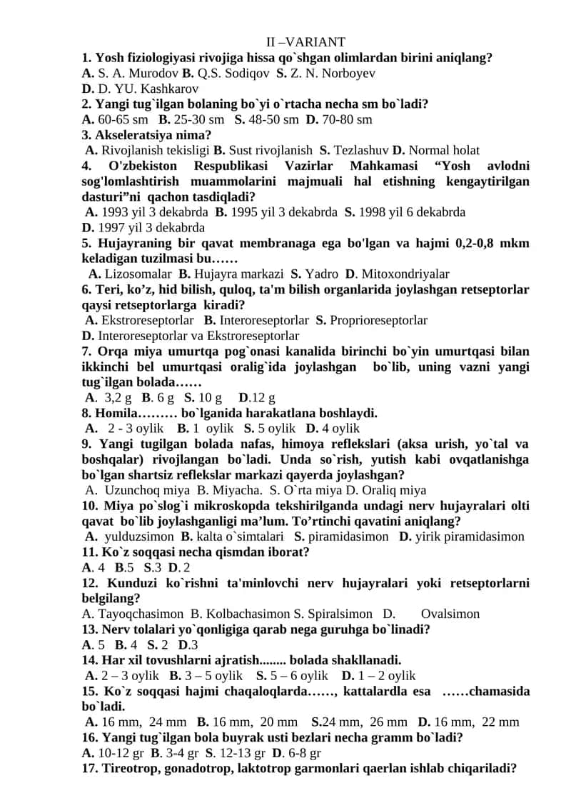 Yosh fiziologiyasi variant savollari