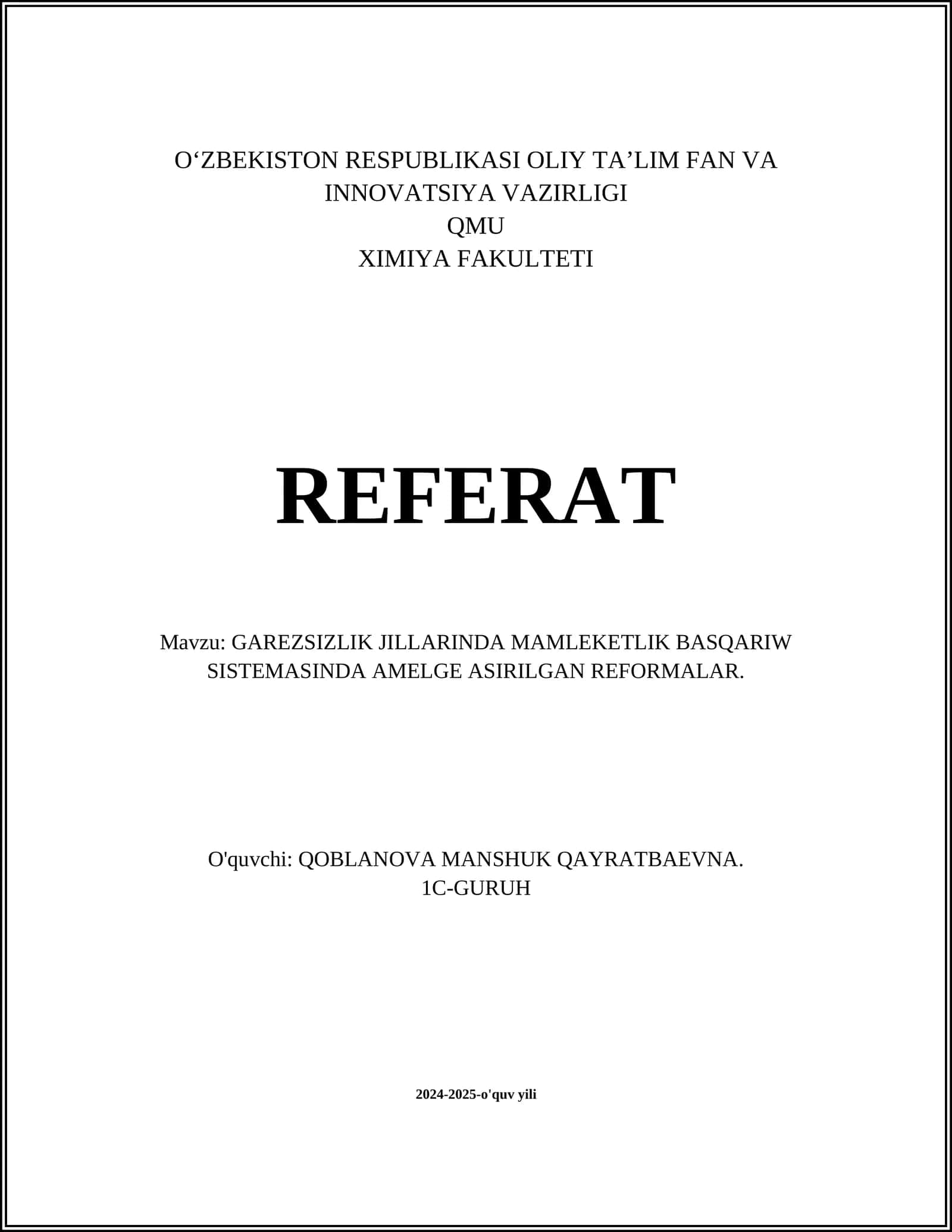 GAREZSIZLIK JILLARINDA MAMLEKETLIK BASQARIW SISTEMASINDA AMELGE ASIRILGAN REFORMALAR