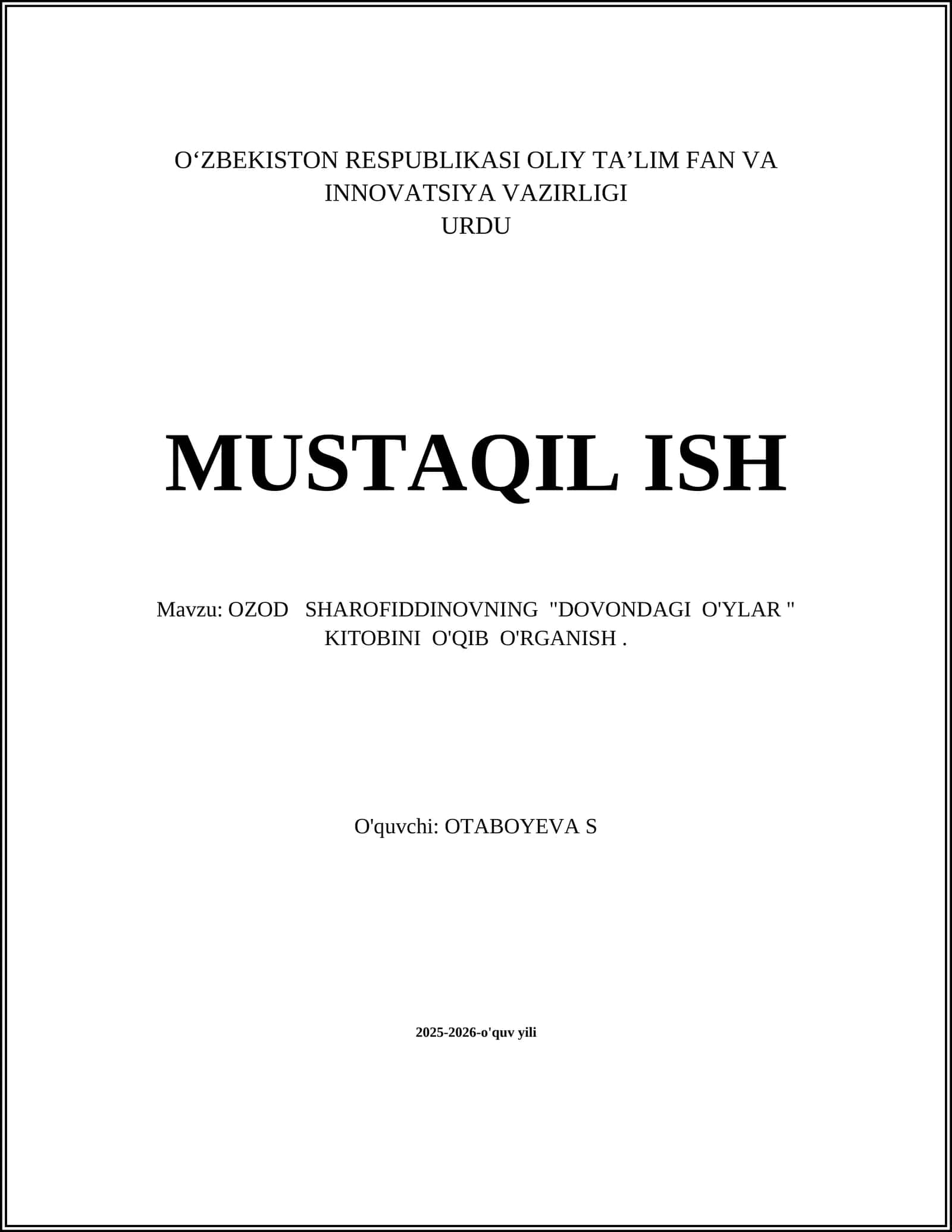 "DOVONDAGI O'YLAR" KITOBINI O'QIB O'RGANISH