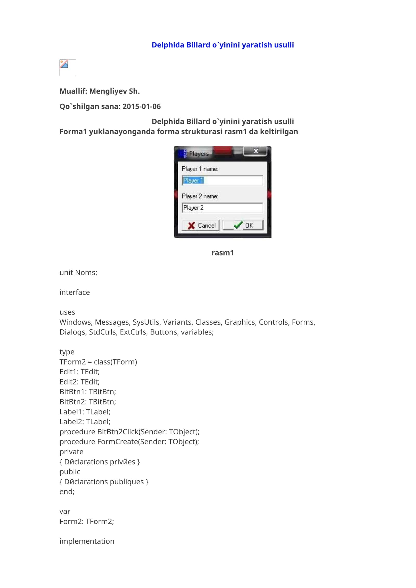 Delphida Billard o`yinini yaratish usulli