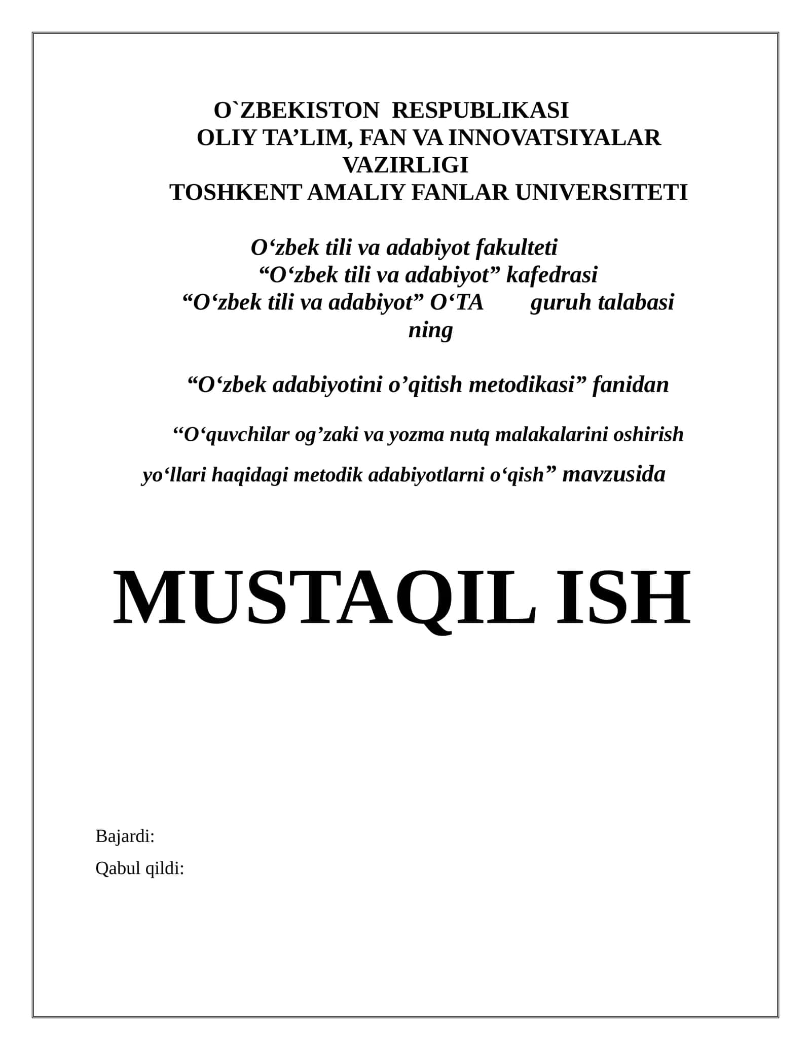 Og‘zaki va yozma nutq malakalarini oshirish metodikasi