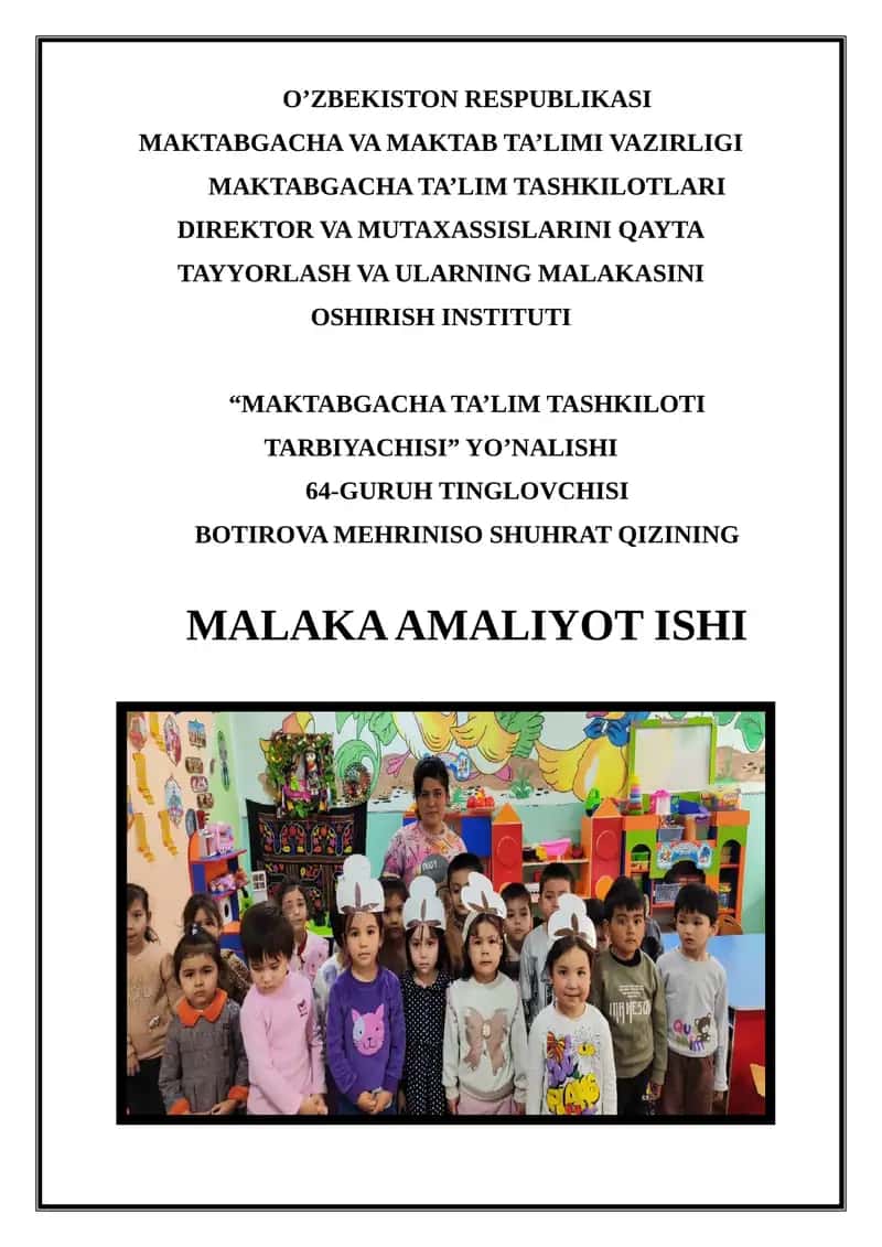 "MAKTABGACHA TA’LIM TASHKILOTI TARBIYACHISI" YO’NALISHI
