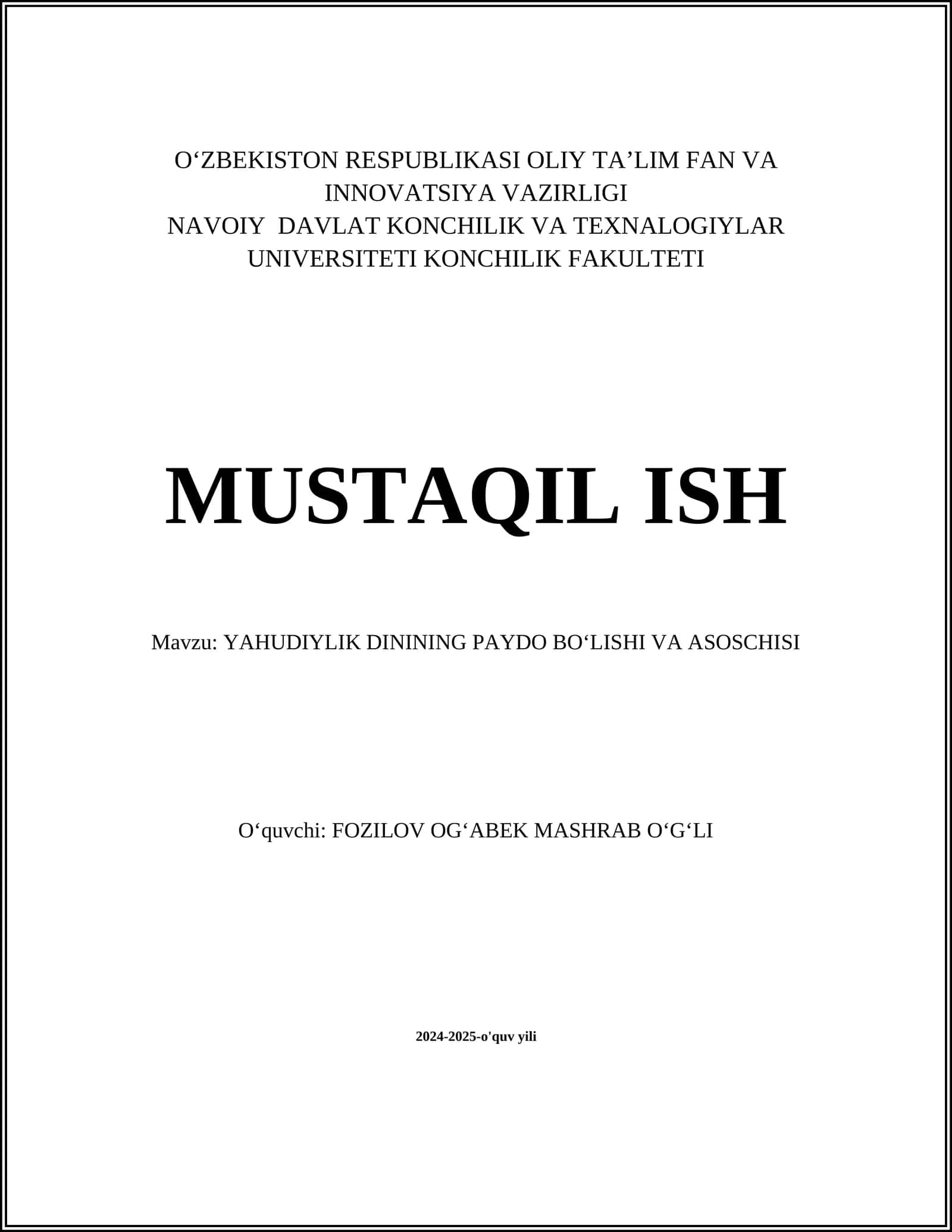 YAHUDIYLIK DININING PAYDO BOʻLISHI VA ASOSCHISI