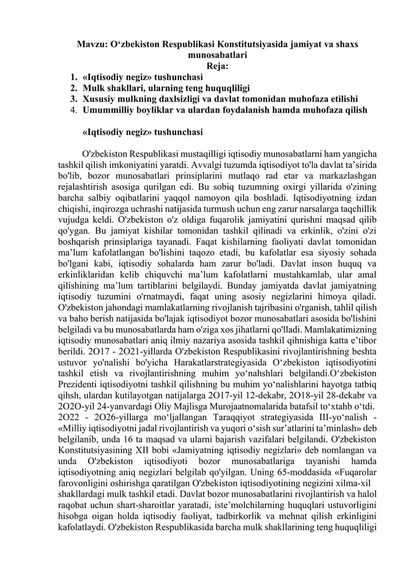 O‘zbekiston Respublikasi Konstitutsiyasida jamiyat va shaxs munosabatlari referat