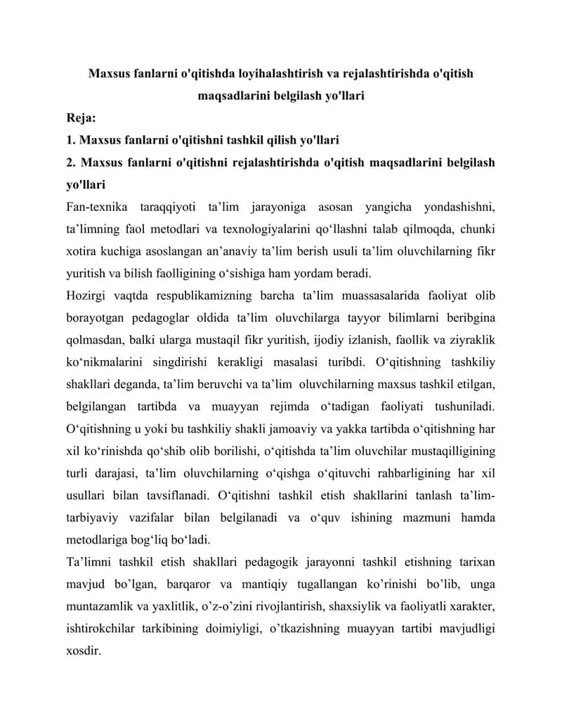 Maxsus fanlarni o'qitishda loyihalashtirish va rejalashtirishda o'qitish maqsadlarini belgilash yo'llari