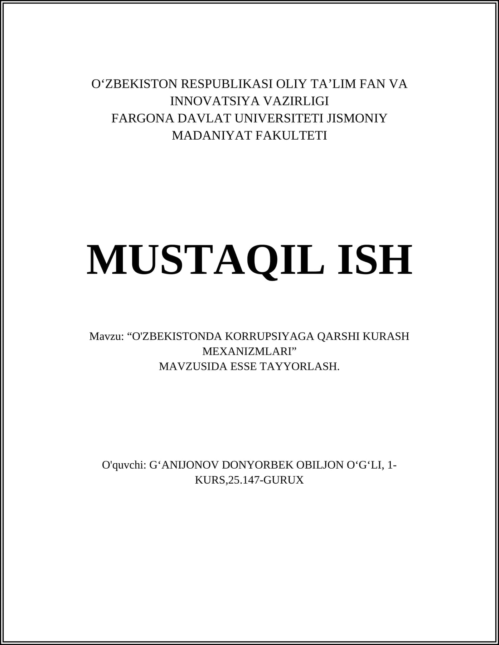 O'ZBEKISTONDA KORRUPSIYAGA QARSHI KURASH MEXANIZMLARI
