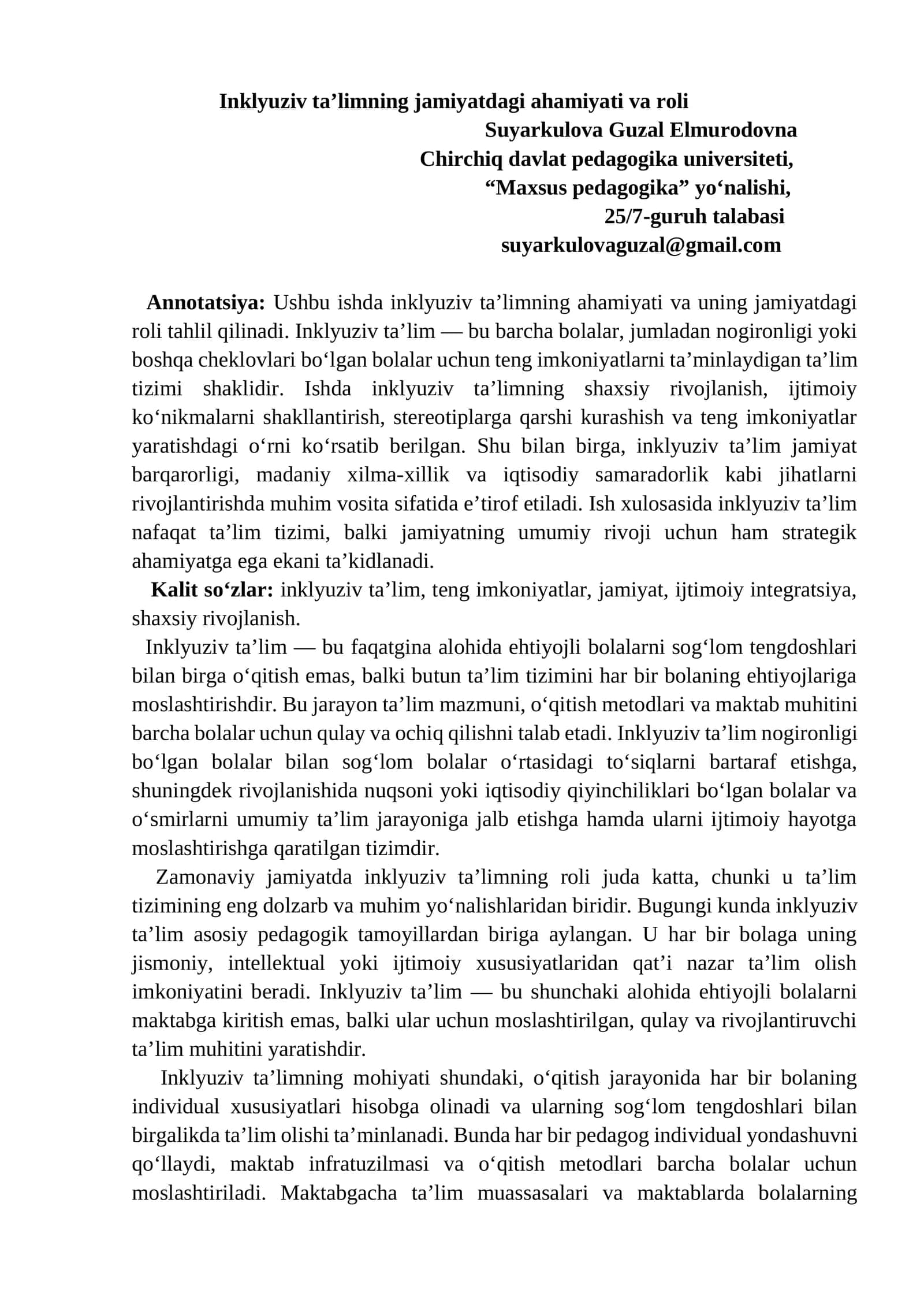 Inklyuziv ta’limning jamiyatdagi ahamiyati va roli