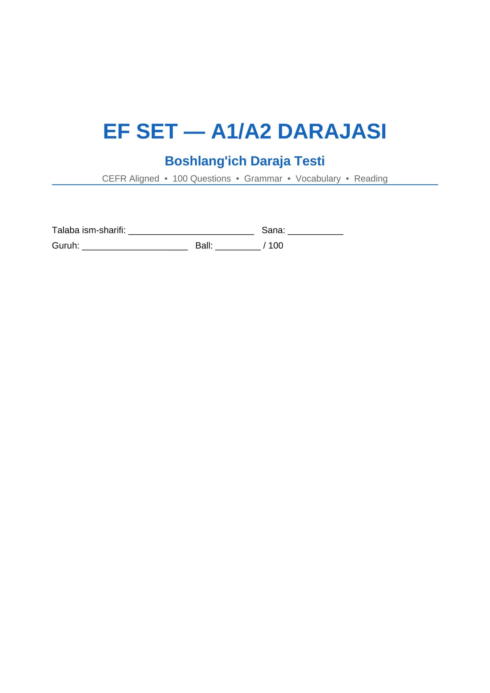 EF SET A1 va A2 darajadagi testlar