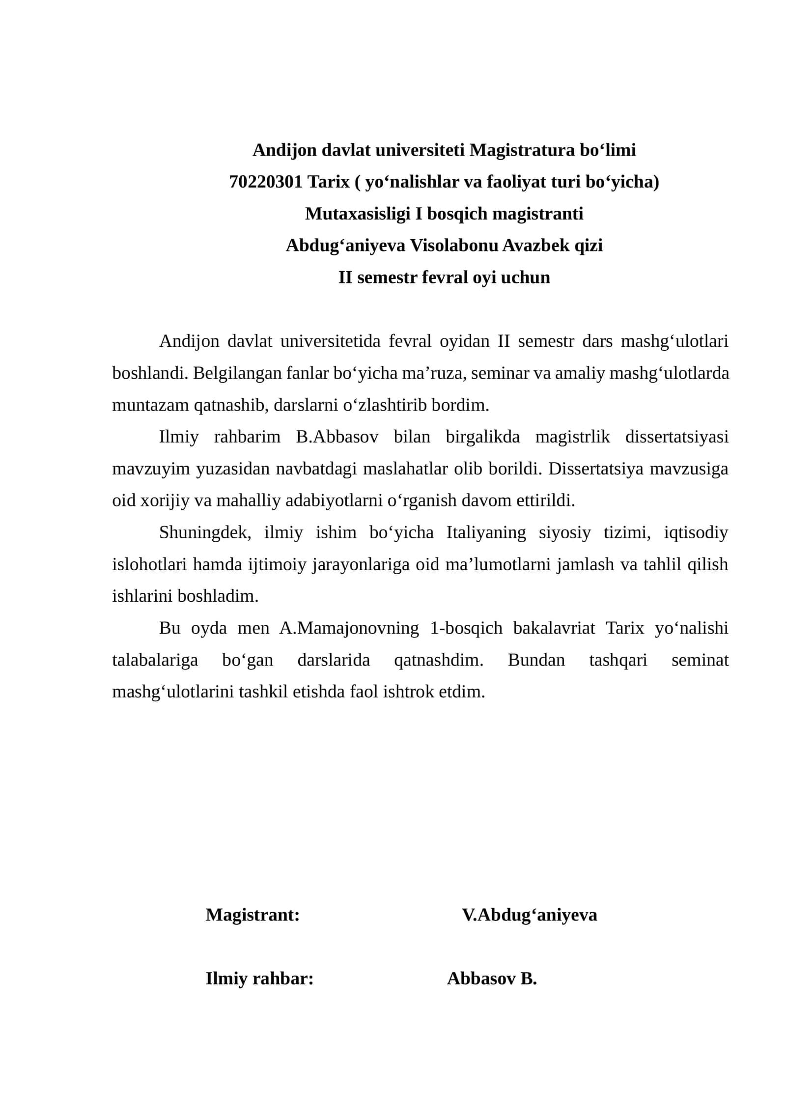 70220301 Tarix ( yo‘nalishlar va faoliyat turi bo‘yicha)