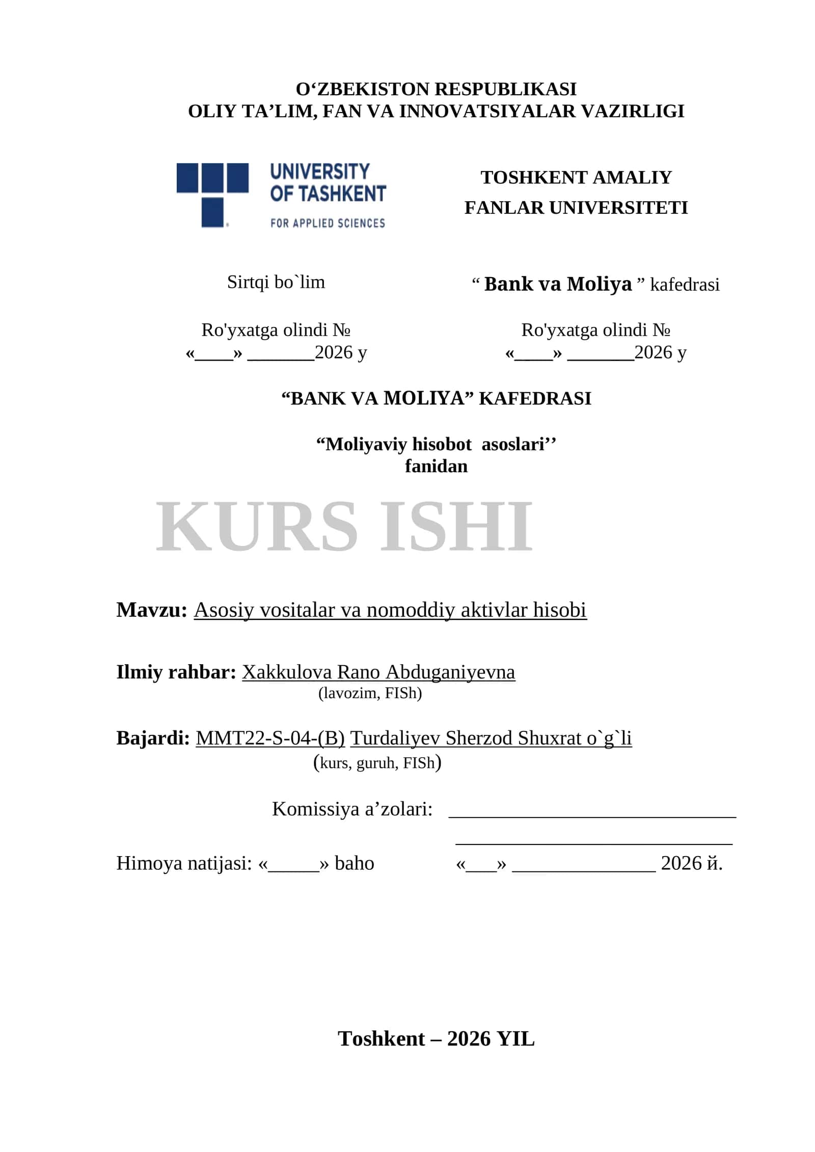 "Asosiy vositalar va nomoddiy aktivlar hisobi"