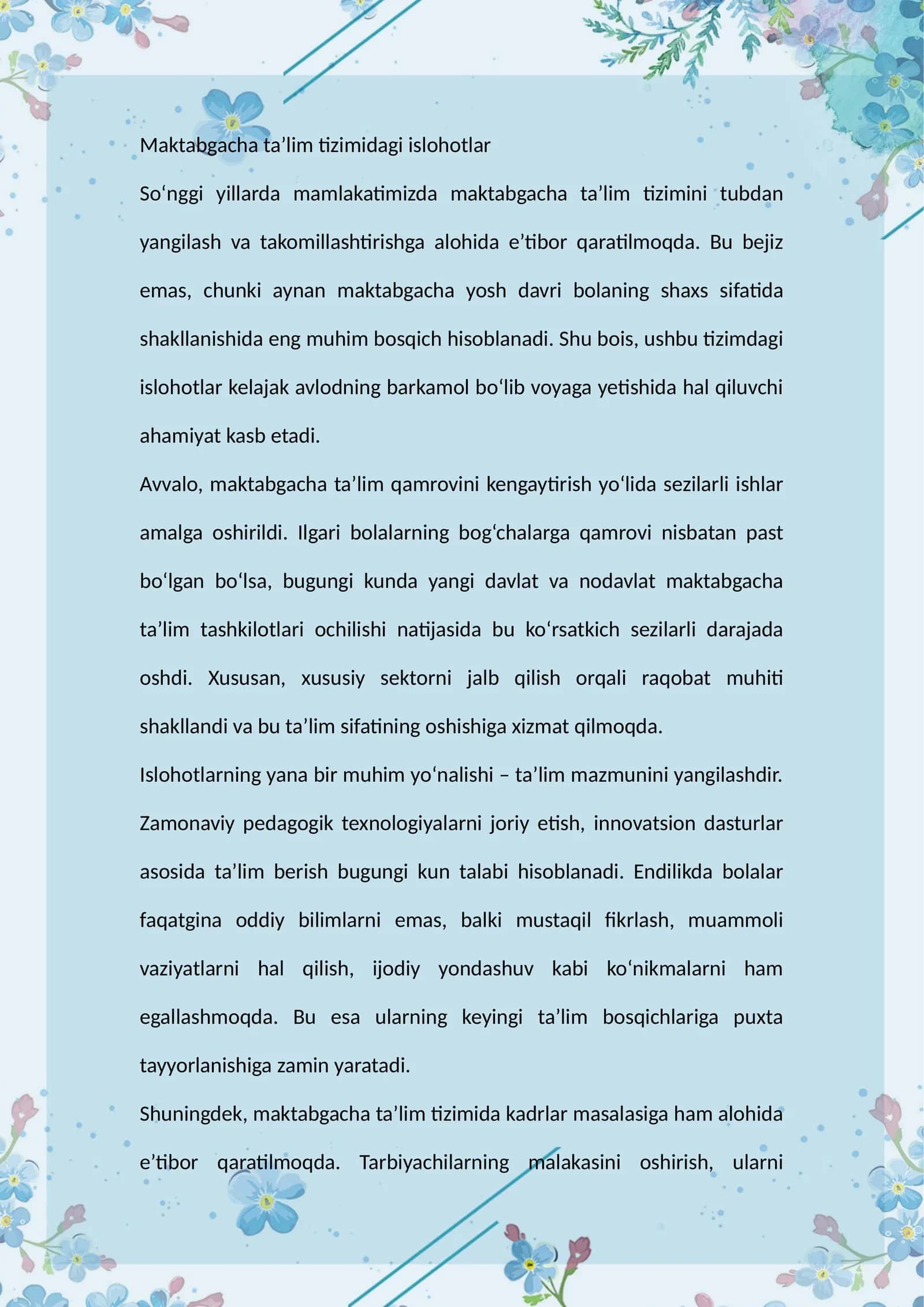 Maktabgacha taʼlim tizimidagi islohotlar
