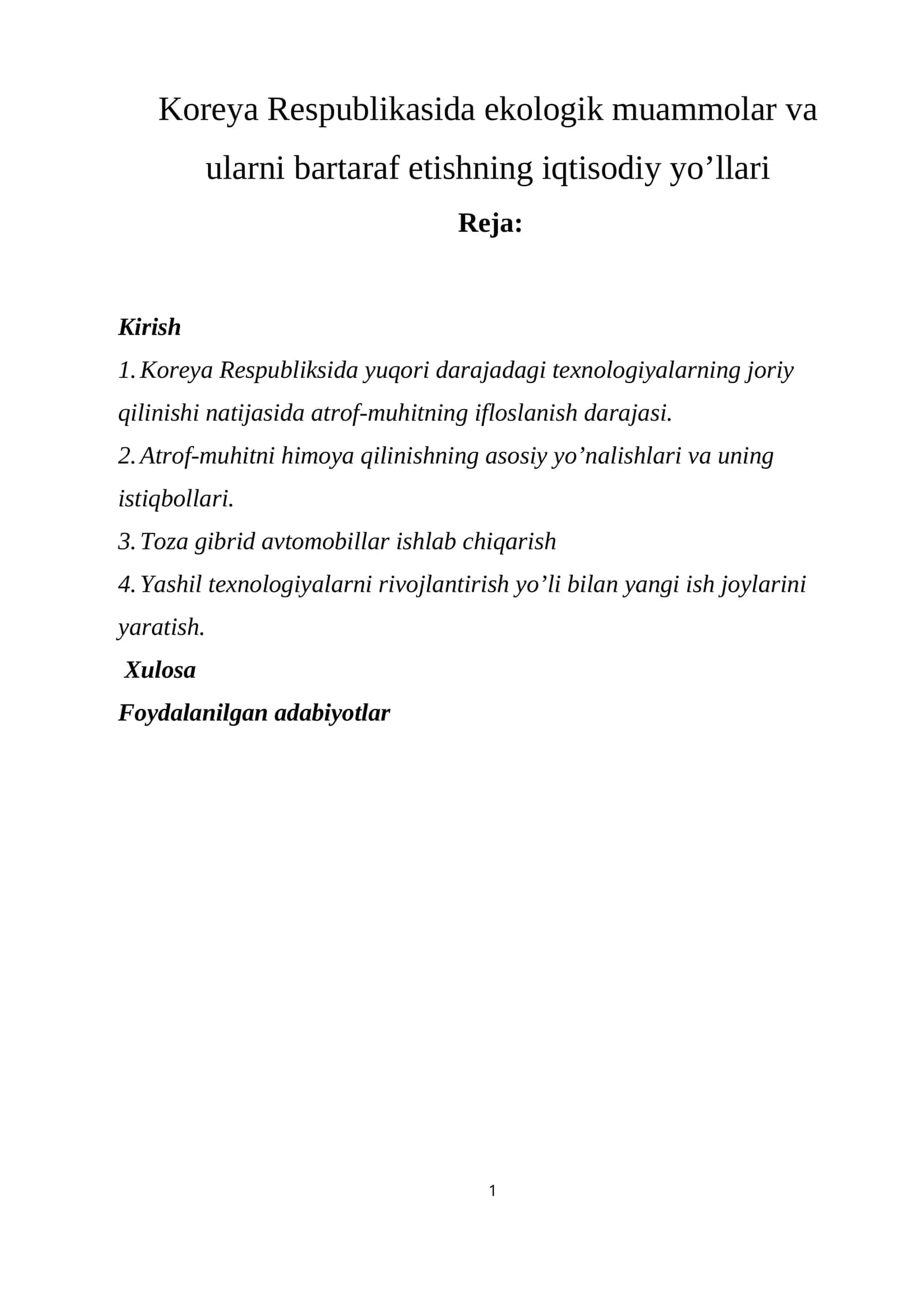 Koreya Respublikasida ekologik muammolar va ularni bartaraf etishning iqtisodiy yo’llari