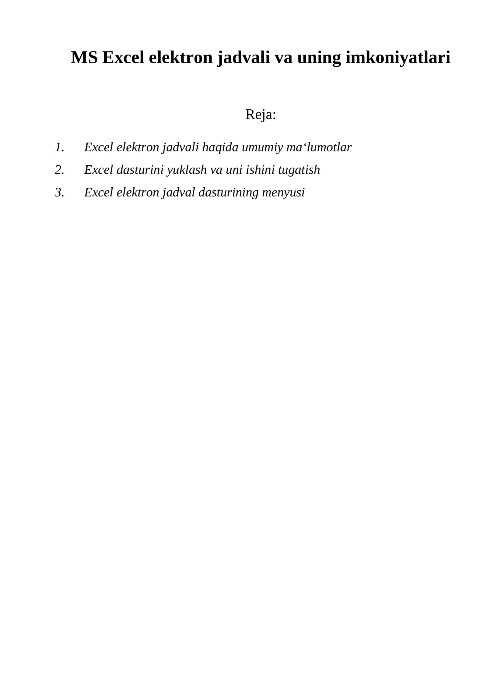 Microsoft Excel elektron jadvali va uning imkoniyatlari