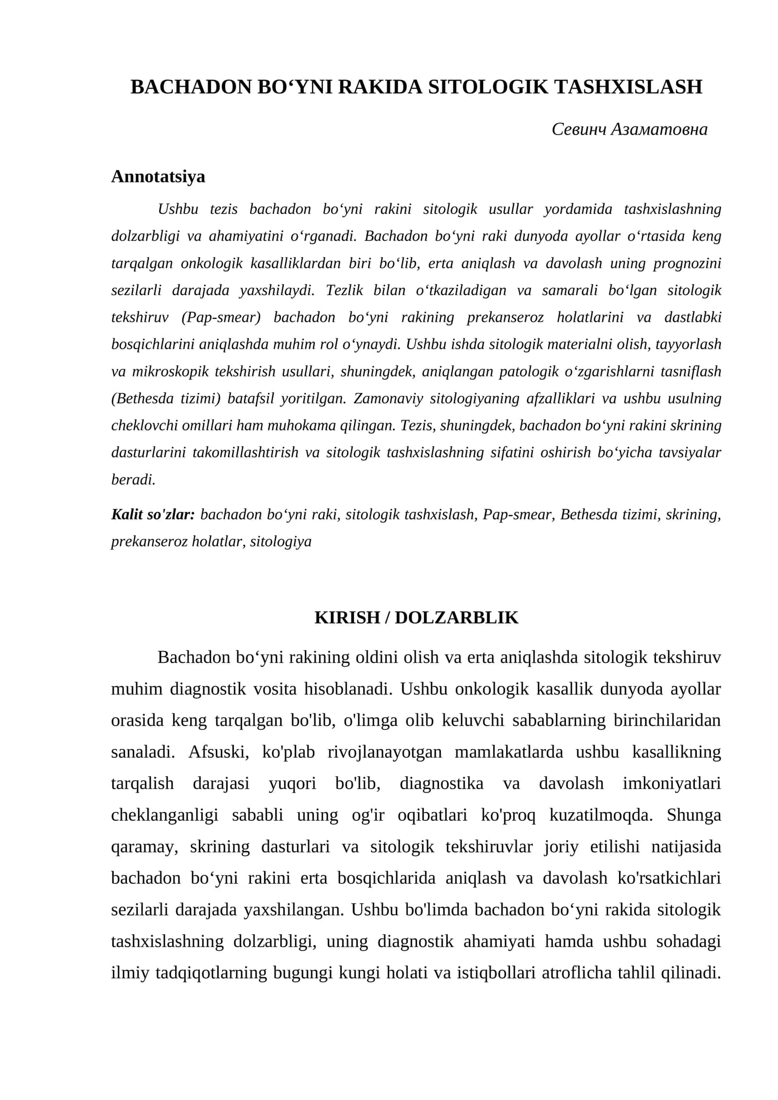 BACHADON BOʻYNI RAKIDA SITOLOGIK TASHXISLASH