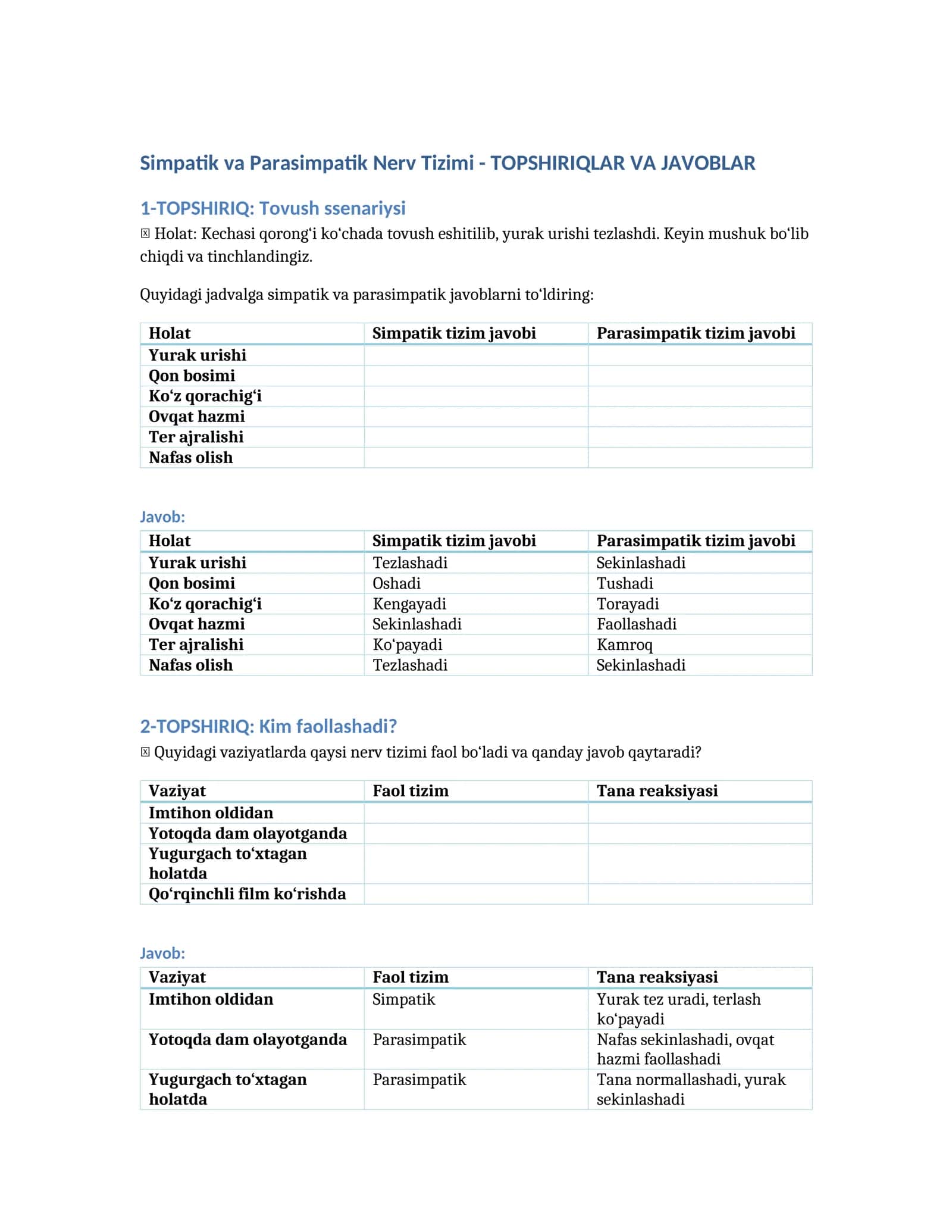 Simpatik va Parasimpatik Nerv Tizimi - TOPSHIRIQLAR VA JAVOBLAR