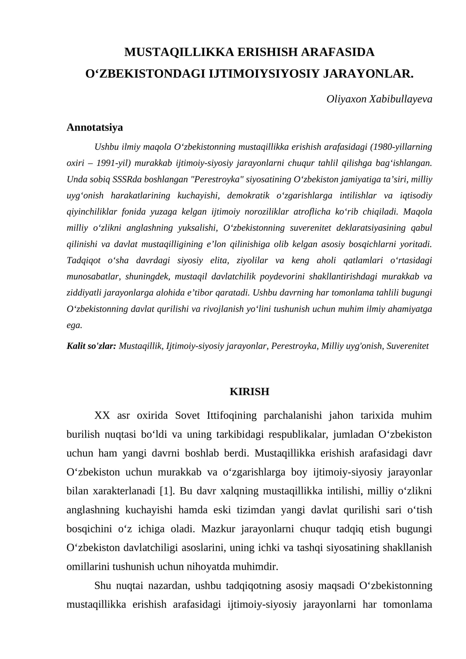MUSTAQILLIKKA ERISHISH ARAFASIDA O‘ZBEKISTONDAGI IJTIMOIYSIYOSIY JARAYONLAR