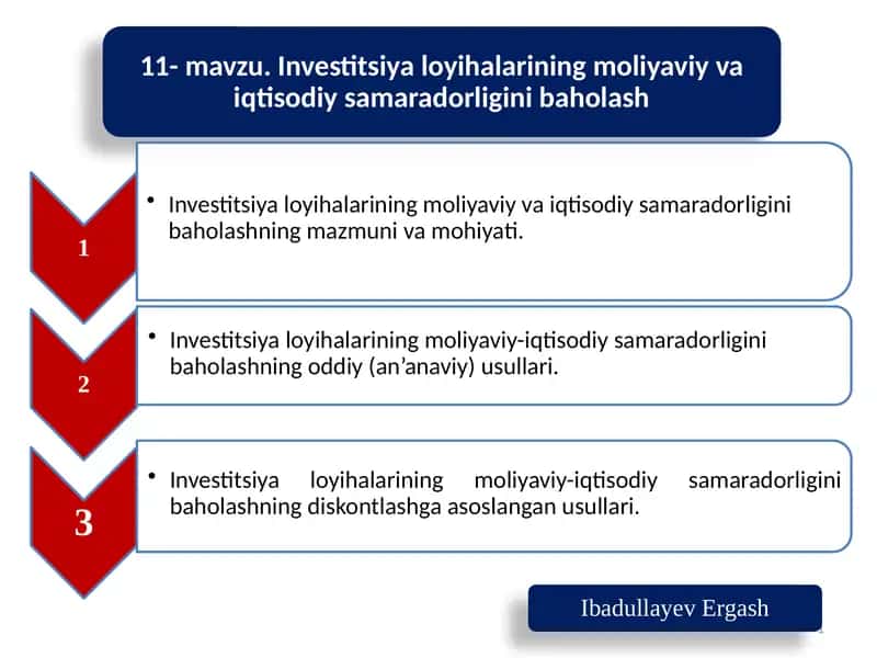 Investitsiyaloyihalarining moliyaviy vaiqtisodiy samaradorligini baholash mazmuni va mohiyati