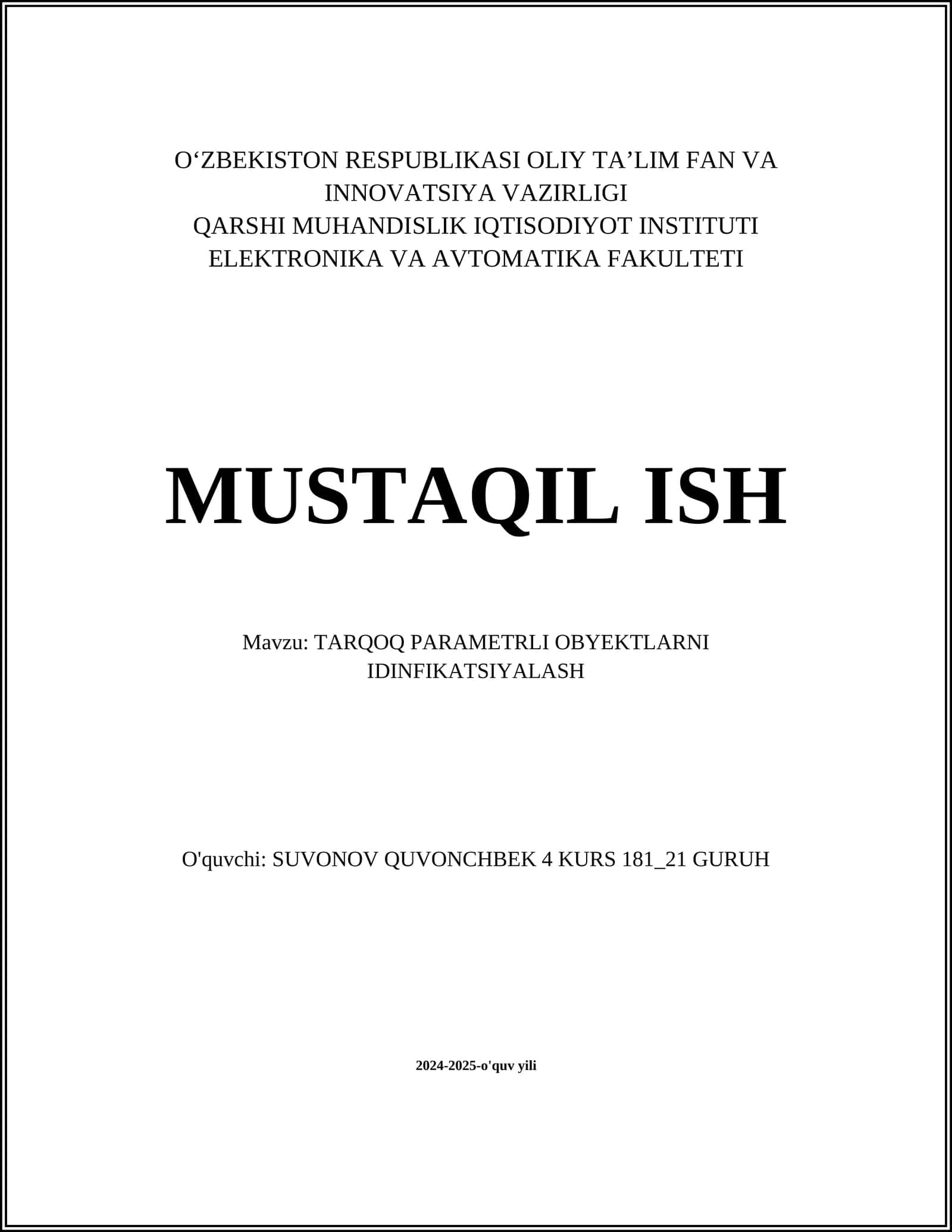 TARQOQ PARAMETRLI OBYEKTLARNI IDINFIKATSIYALASH