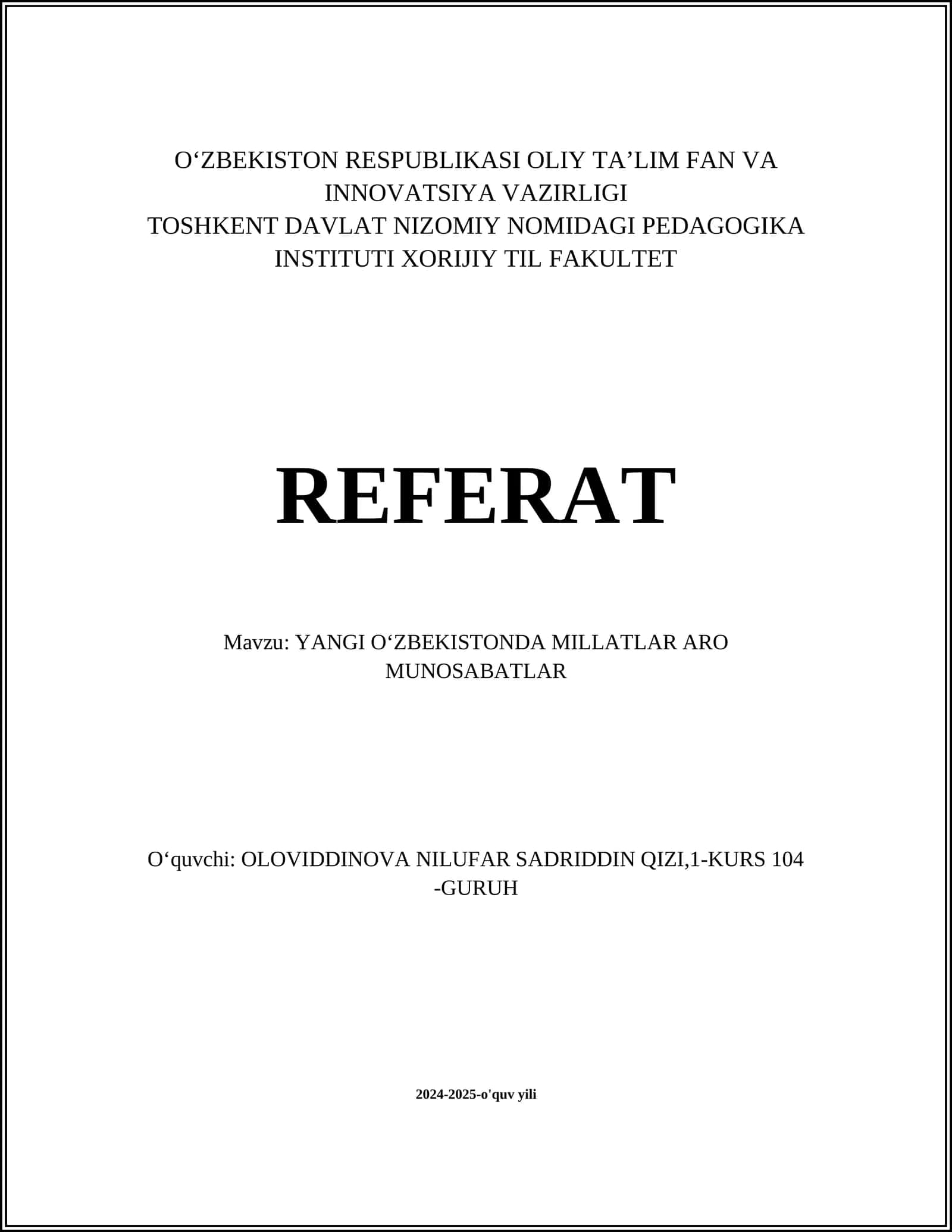 YANGI OʻZBEKISTONDA MILLATLAR ARO MUNOSABATLAR