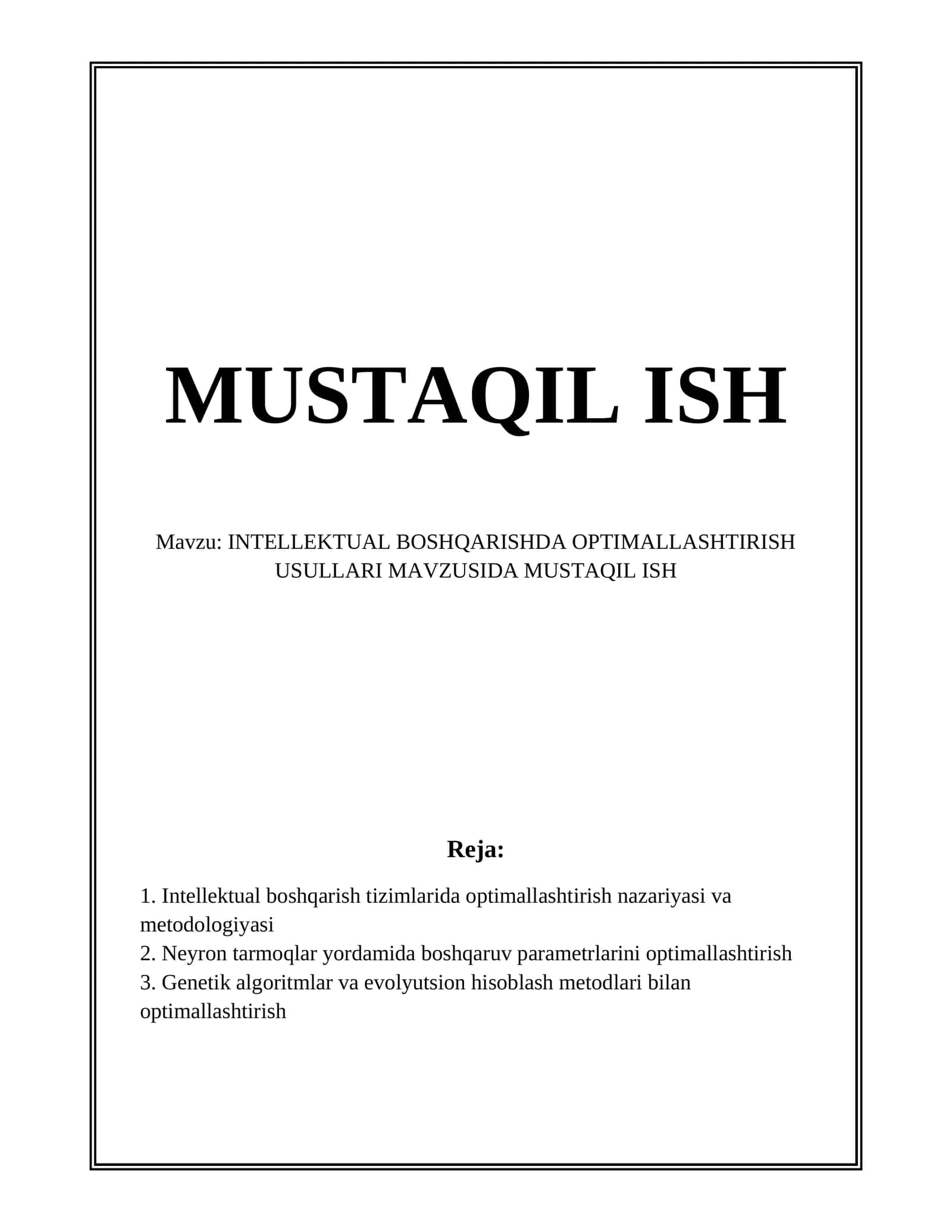 INTELLEKTUAL BOSHQARISHDA OPTIMALLASHTIRISH USULLARI