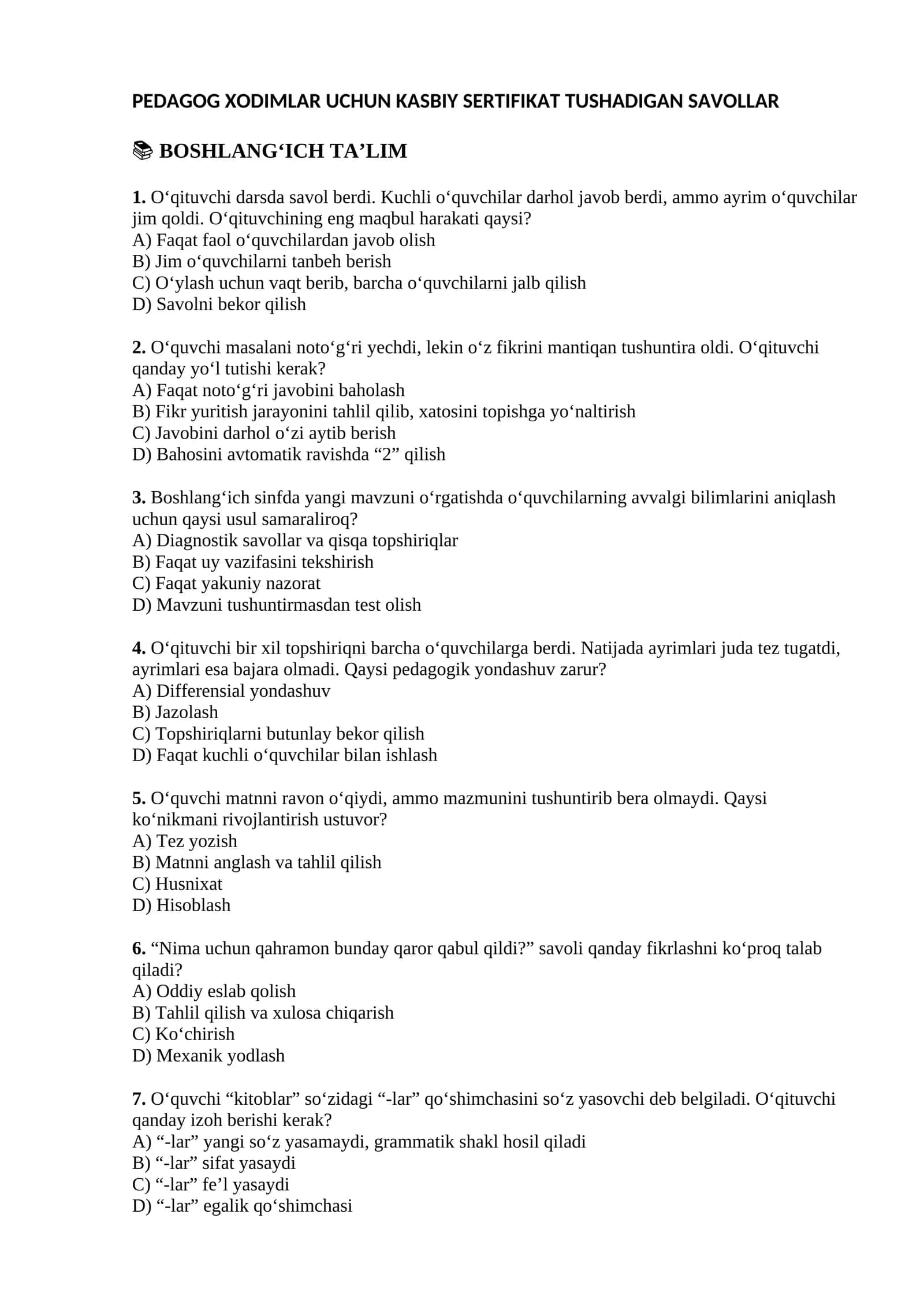 PEDAGOG XODIMLAR UCHUN KASBIY SERTIFIKAT TUSHADIGAN SAVOLLAR Boshlangich talim yonalishi uchun