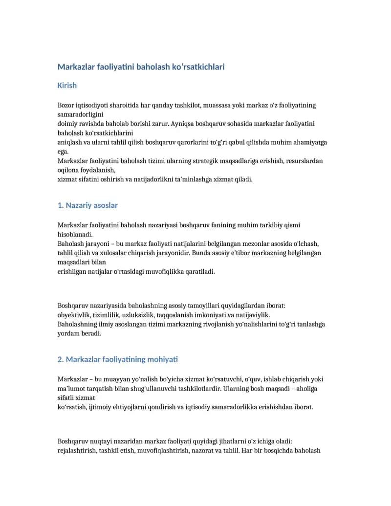 Markazlar faoliyatini baholash ko‘rsatkichlari