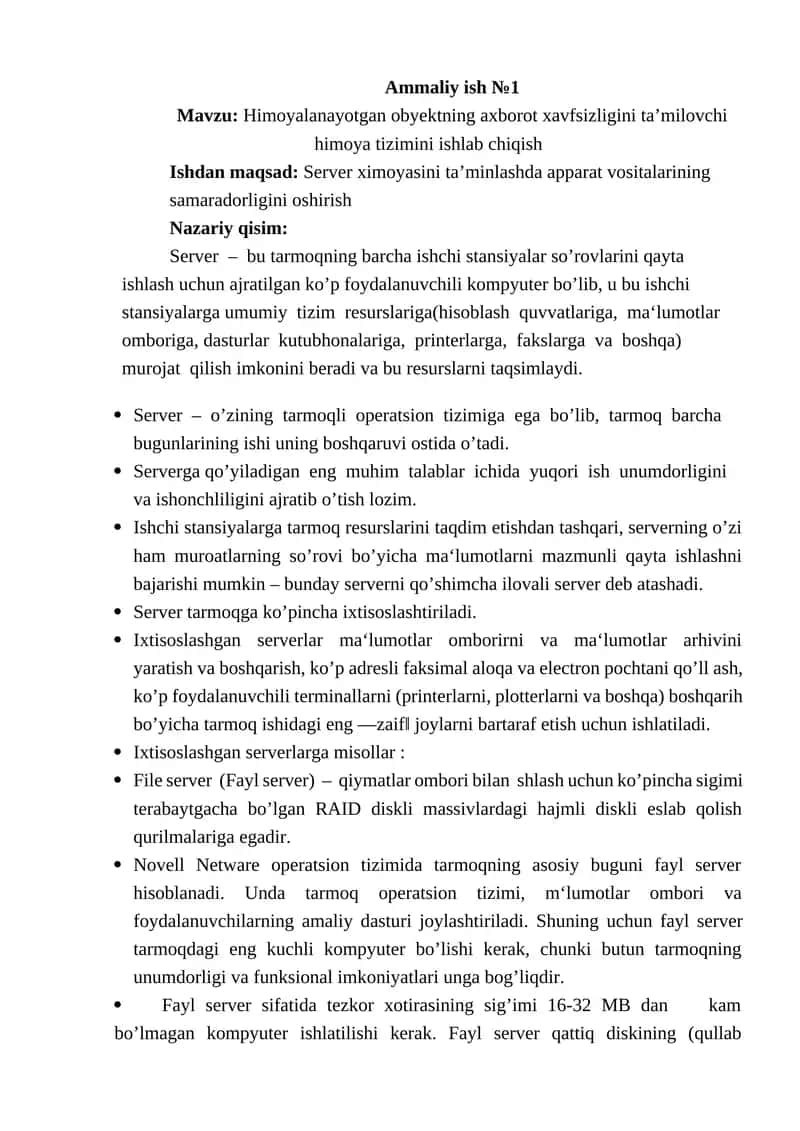 Himoyalanayotgan obyektning axborot xavfsizligini ta’milovchi himoya tizimini ishlab chiqish